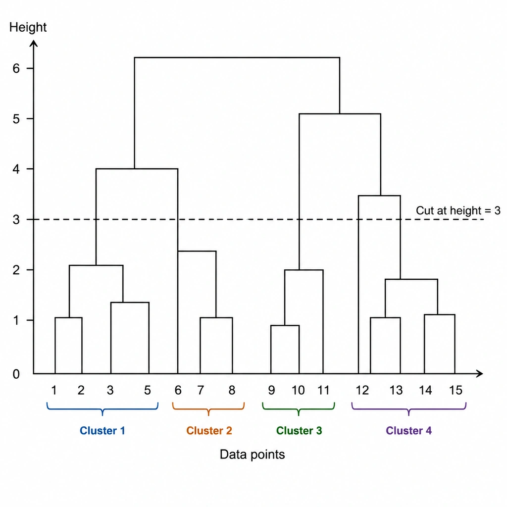 A diagram of a dendrogram showing individual data points along the horizontal axis, with vertical and horizontal lines forming a hierarchical tree structure that merges points into clusters. A dashed horizontal line cuts across the dendrogram to illustrate how the tree can be partitioned into a specific number of clusters.