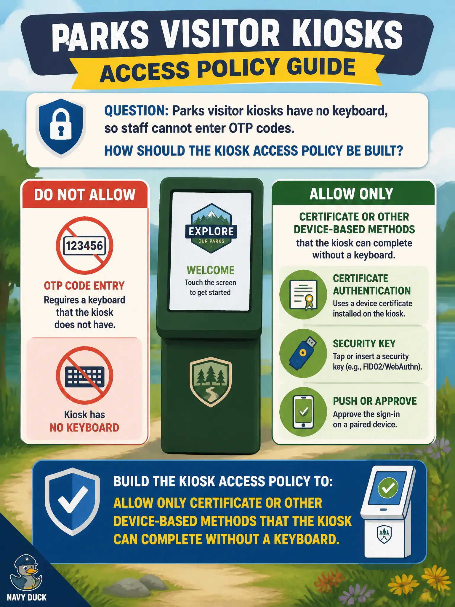 To Create an exciting colorful infographic that explains the concepts in the question: Question: Parks visitor kiosks have no keyboard, so staff cannot enter OTP codes. How should the kiosk Access policy be built? Correct Answer: Allow only certificate or other device-based methods that the kiosk can complete without a keyboard Put EVERY visible label in double quotes. No people. No A/B/C/D letters. In one of the four corners put a little "Navy Duck".