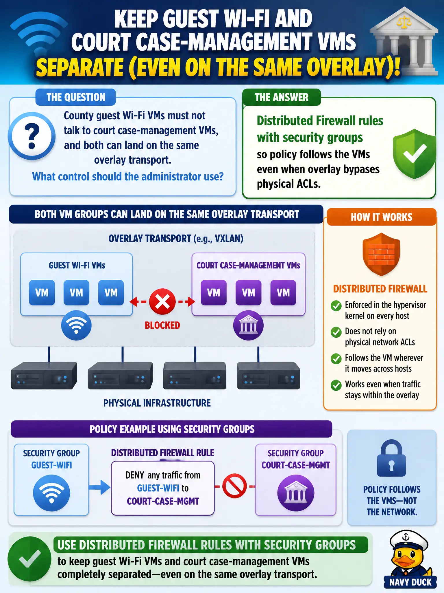 To Create an exciting colorful infographic that explains the concepts in the question: Question: County guest Wi-Fi VMs must not talk to court case-management VMs, and both can land on the same overlay transport. What control should the administrator use? Correct Answer: Distributed Firewall rules with security groups so policy follows the VMs even when overlay bypasses physical ACLs. Put EVERY visible label in double quotes. No people. No A/B/C/D letters. In one of the four corners put a little "Navy Duck".