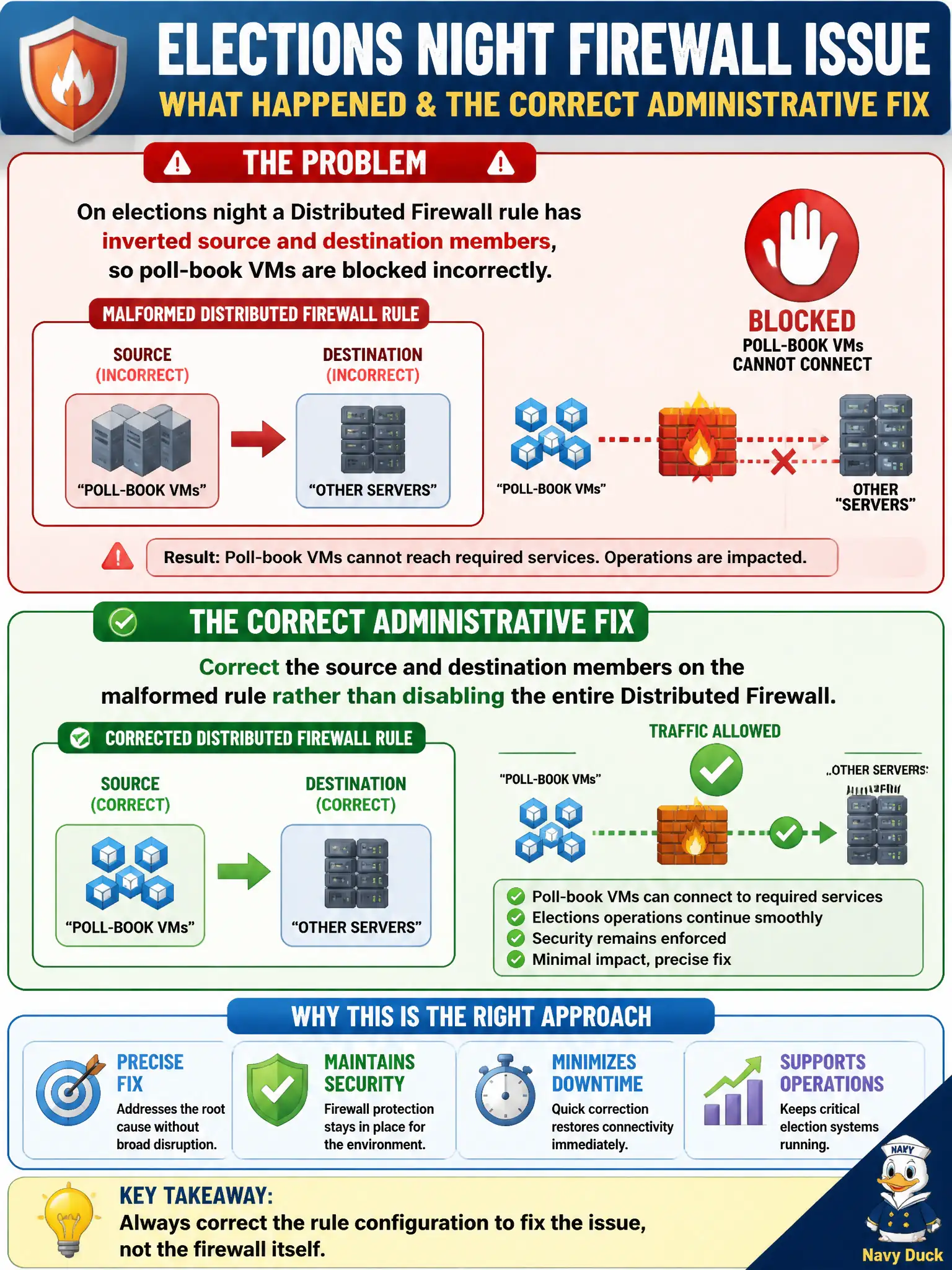 To Create an exciting colorful infographic that explains the concepts in the question: Question: On elections night a Distributed Firewall rule has inverted source and destination members, so poll-book VMs are blocked incorrectly. What is the correct administrative fix? Correct Answer: Correct the source and destination members on the malformed rule rather than disabling the entire Distributed Firewall. Put EVERY visible label in double quotes. No people. No A/B/C/D letters. In one of the four corners put a little "Navy Duck".