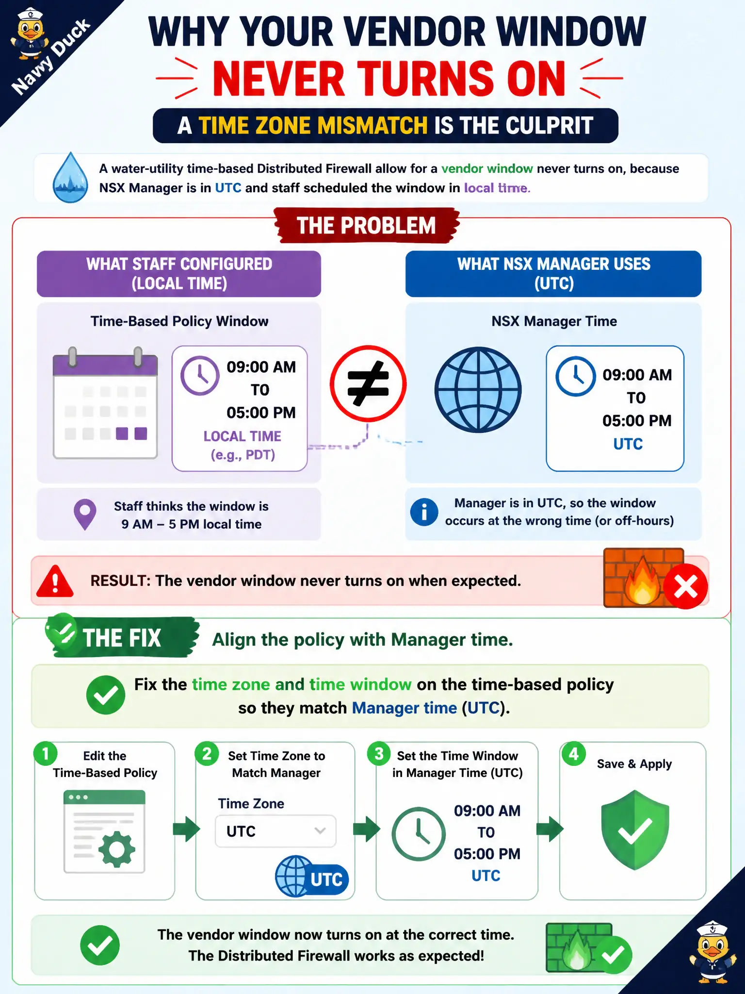 To Create an exciting colorful infographic that explains the concepts in the question: Question: A water-utility time-based Distributed Firewall allow for a vendor window never turns on, because NSX Manager is in UTC and staff scheduled the window in local time. What should the administrator fix? Correct Answer: The time zone and time window on the time-based policy so they match Manager time Put EVERY visible label in double quotes. No people. No A/B/C/D letters. In one of the four corners put a little "Navy Duck".