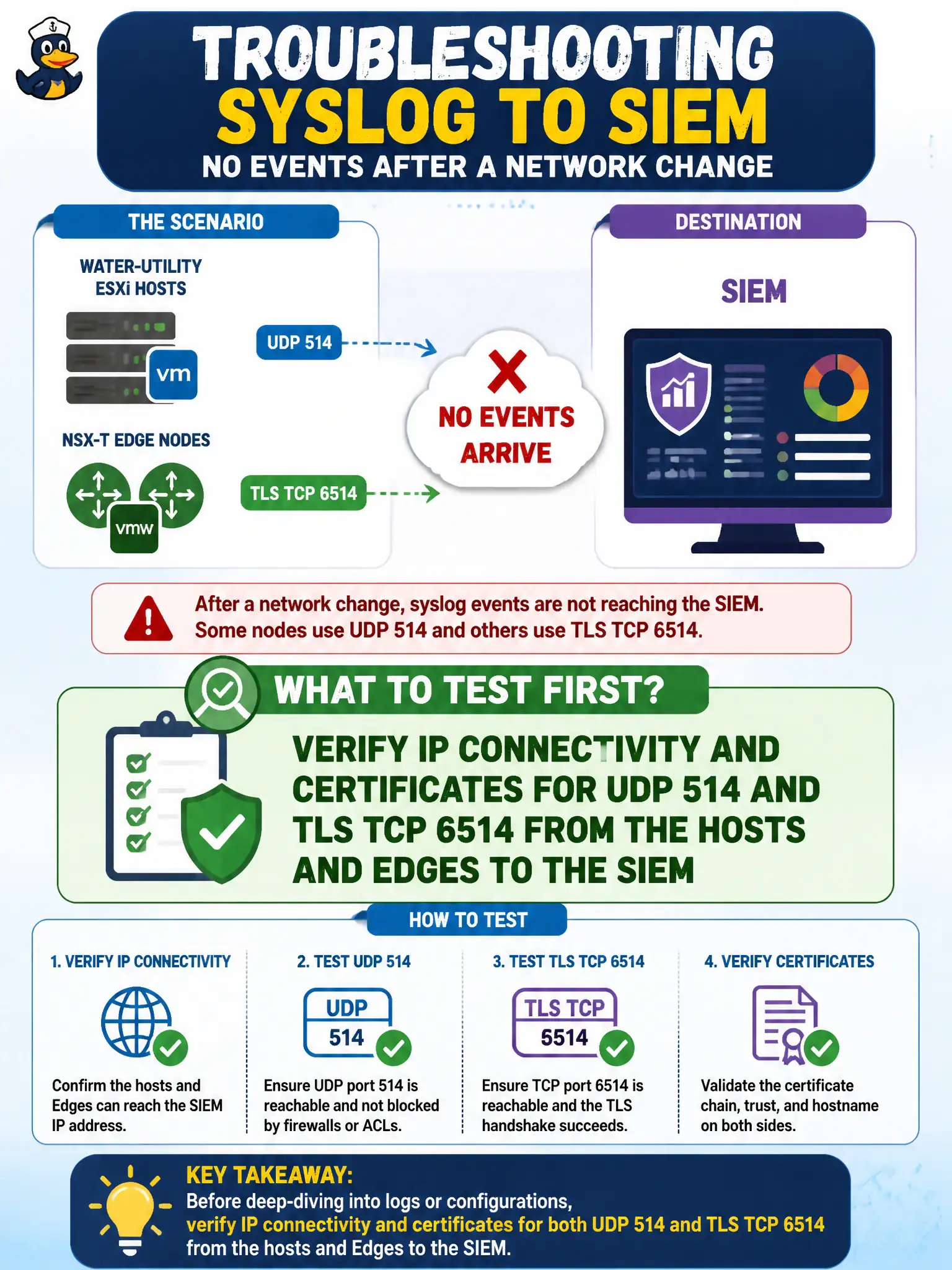 To Create an exciting colorful infographic that explains the concepts in the question: Question: Water-utility ESXi hosts and NSX-T Edge nodes are configured to send syslog to a SIEM, but no events arrive after a network change. Some nodes use UDP 514 and others use TLS TCP 6514. What should the administrator test first? Correct Answer: Verify IP connectivity and certificates for UDP 514 and TLS TCP 6514 from the hosts and Edges to the SIEM Put EVERY visible label in double quotes. No people. No A/B/C/D letters. In one of the four corners put a little "Navy Duck".