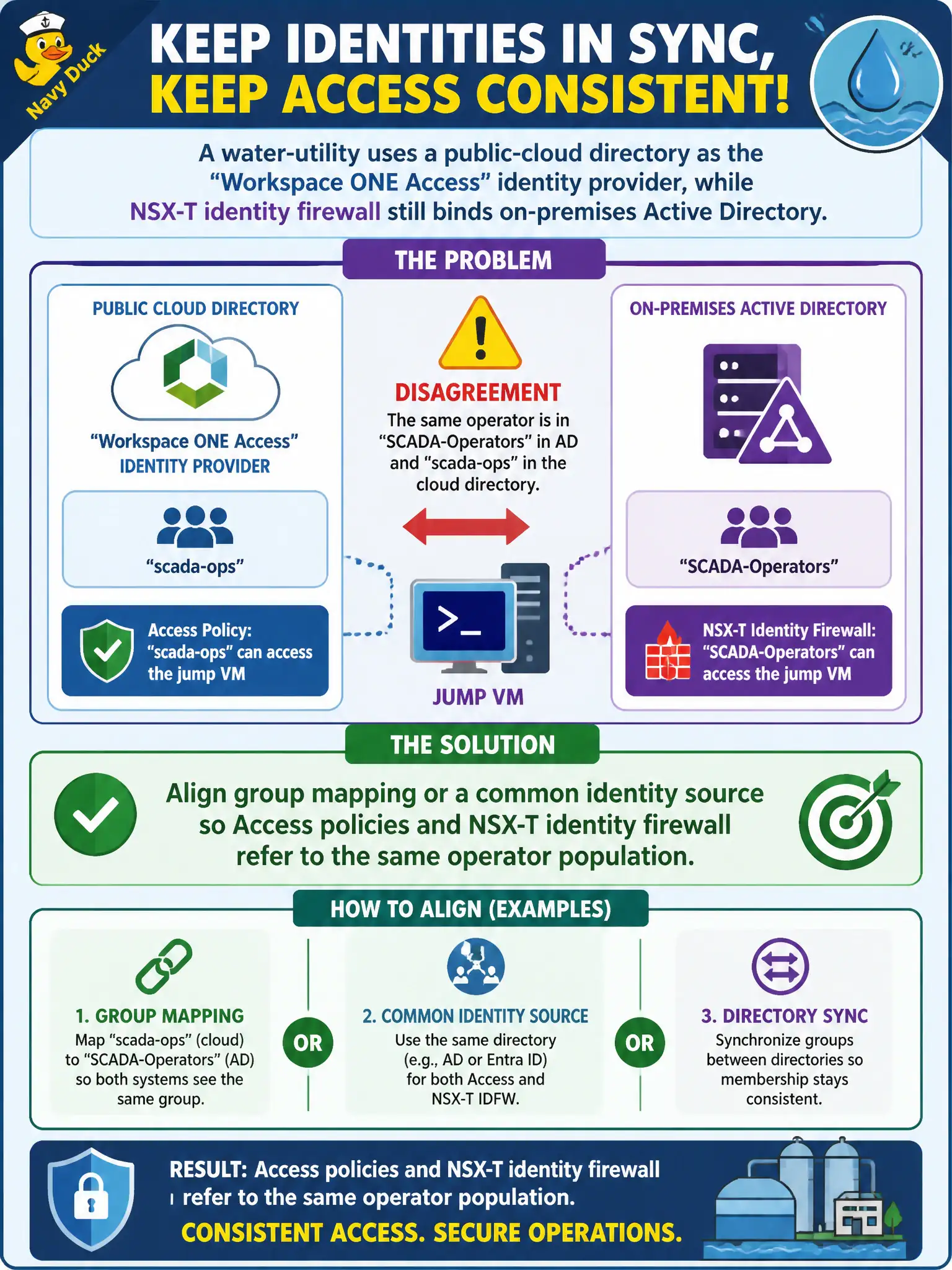 To Create an exciting colorful infographic that explains the concepts in the question: Question: A water-utility uses a public-cloud directory as the Workspace ONE Access identity provider, while NSX-T identity firewall still binds on-premises Active Directory. The same operator is in SCADA-Operators in AD and scada-ops in the cloud directory, so Access and IDFW disagree on who may reach a jump VM. What should the administrator do? Correct Answer: Align group mapping or a common identity source so Access policies and NSX-T identity firewall refer to the same operator population Put EVERY visible label in double quotes. No people. No A/B/C/D letters. In one of the four corners put a little "Navy Duck".