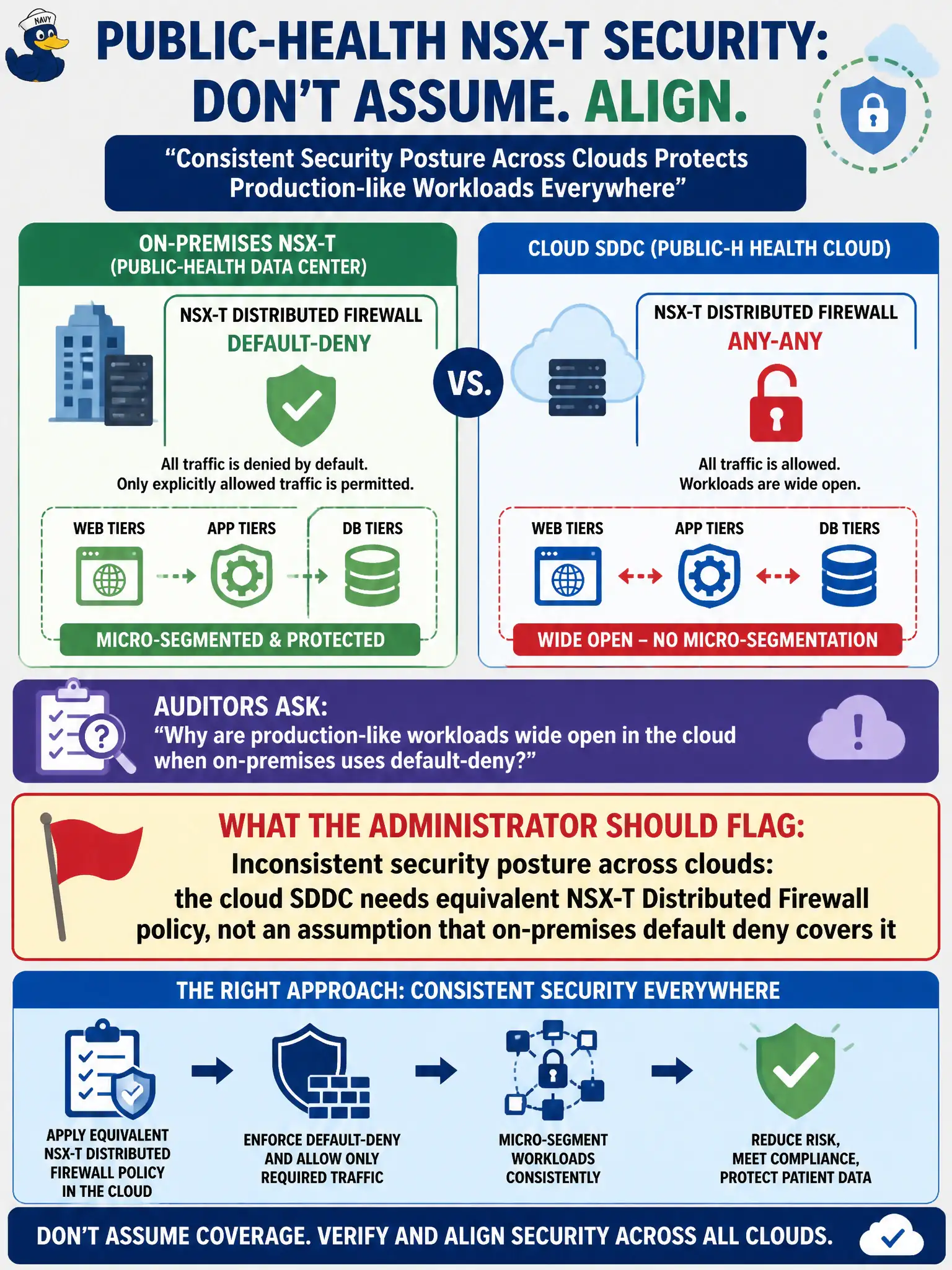 To Create an exciting colorful infographic that explains the concepts in the question: Question: Public-health on-premises NSX-T uses a default-deny Distributed Firewall. The agency's cloud SDDC still has any-any on its NSX-T instance. Auditors ask why production-like workloads are wide open in the cloud. What should the administrator flag? Correct Answer: Inconsistent security posture across clouds: the cloud SDDC needs equivalent NSX-T Distributed Firewall policy, not an assumption that on-premises default deny covers it Put EVERY visible label in double quotes. No people. No A/B/C/D letters. In one of the four corners put a little "Navy Duck".