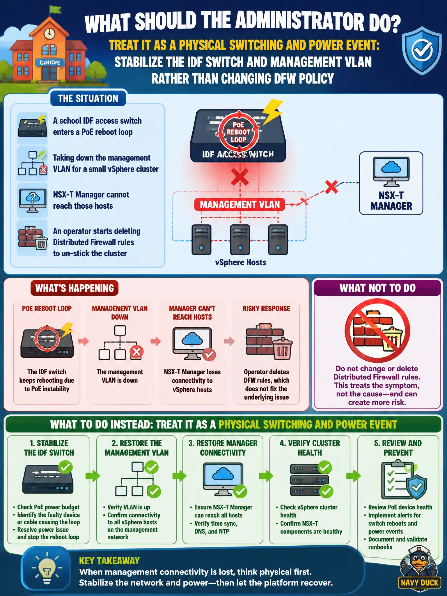 To Create an exciting colorful infographic that explains the concepts in the question: Question: A school IDF access switch enters a PoE reboot loop, taking down the management VLAN for a small vSphere cluster. NSX-T Manager cannot reach those hosts, and an operator starts deleting Distributed Firewall rules to un-stick the cluster. What should the administrator do? Correct Answer: Treat it as a physical switching and power event: stabilize the IDF switch and management VLAN rather than changing DFW policy Put EVERY visible label in double quotes. No people. No A/B/C/D letters. In one of the four corners put a little "Navy Duck".
