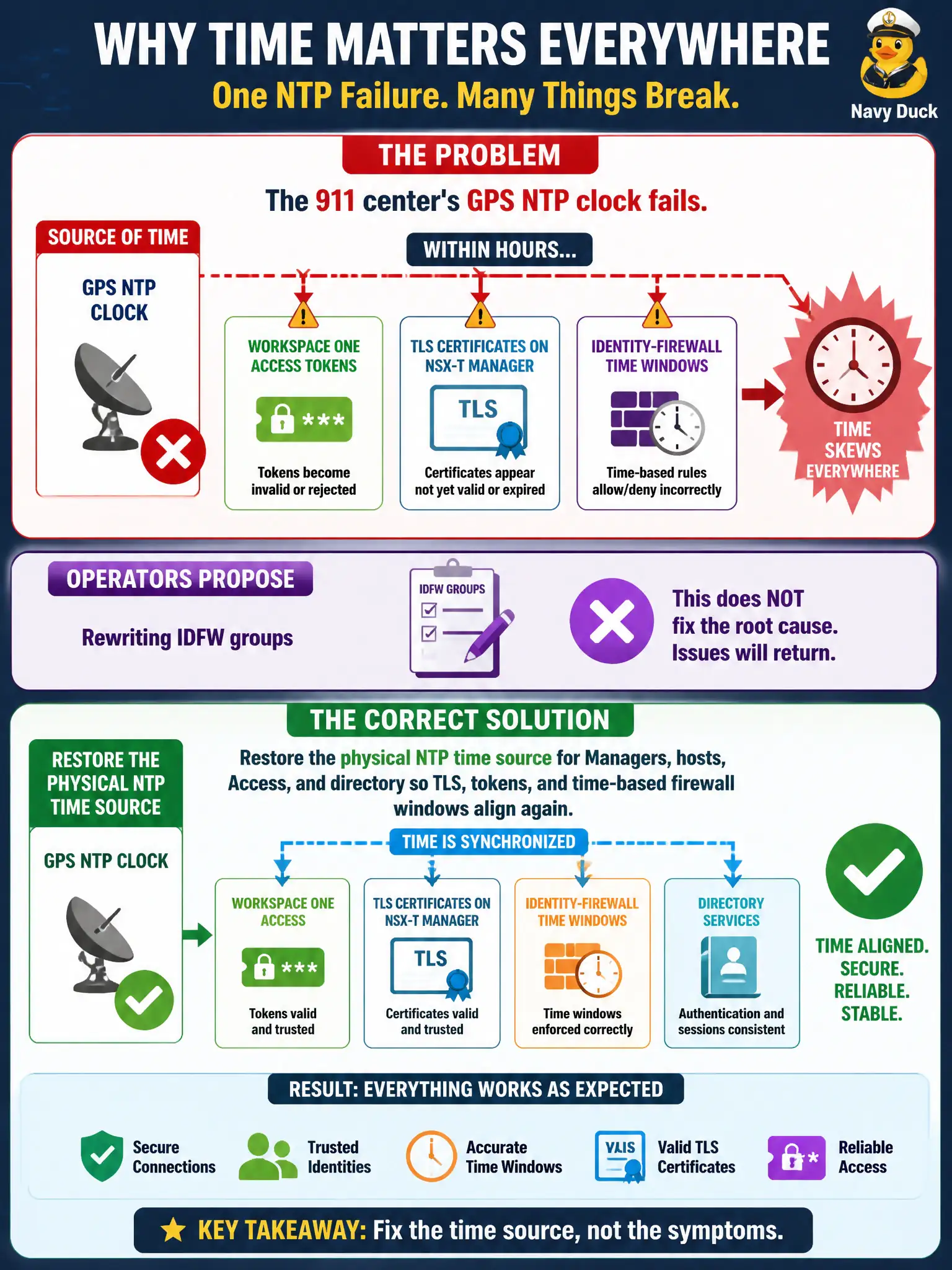 To Create an exciting colorful infographic that explains the concepts in the question: Question: The 911 center's GPS NTP clock fails. Within hours, Workspace ONE Access tokens, TLS certificates on NSX-T Manager, and identity-firewall time windows all skew. Operators propose rewriting IDFW groups. What should the administrator restore? Correct Answer: The physical NTP time source for Managers, hosts, Access, and directory so TLS, tokens, and time-based firewall windows align again Put EVERY visible label in double quotes. No people. No A/B/C/D letters. In one of the four corners put a little "Navy Duck".
