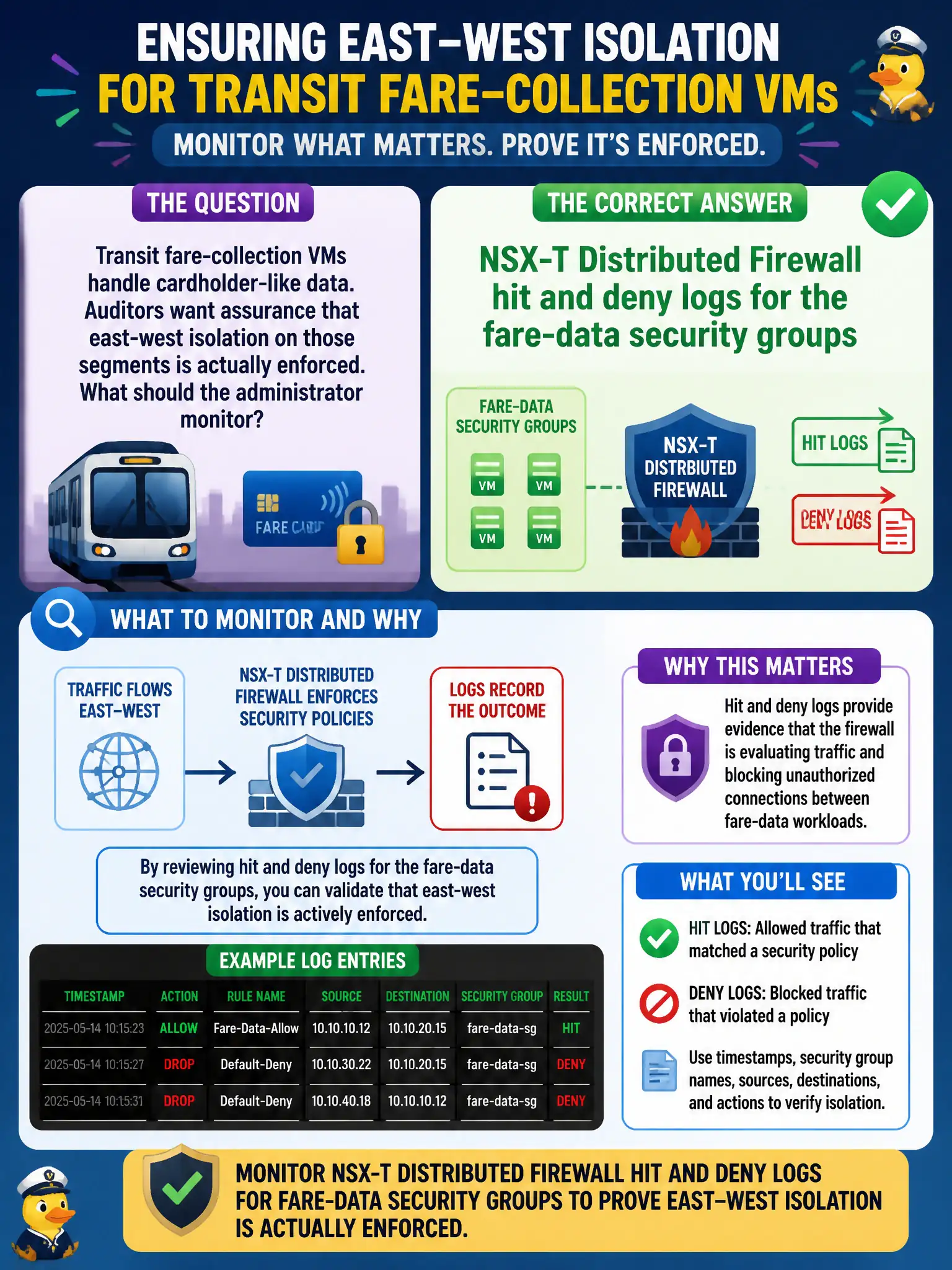 To Create an exciting colorful infographic that explains the concepts in the question: Question: Transit fare-collection VMs handle cardholder-like data. Auditors want assurance that east-west isolation on those segments is actually enforced. What should the administrator monitor? Correct Answer: NSX-T Distributed Firewall hit and deny logs for the fare-data security groups Put EVERY visible label in double quotes. No people. No A/B/C/D letters. In one of the four corners put a little "Navy Duck".