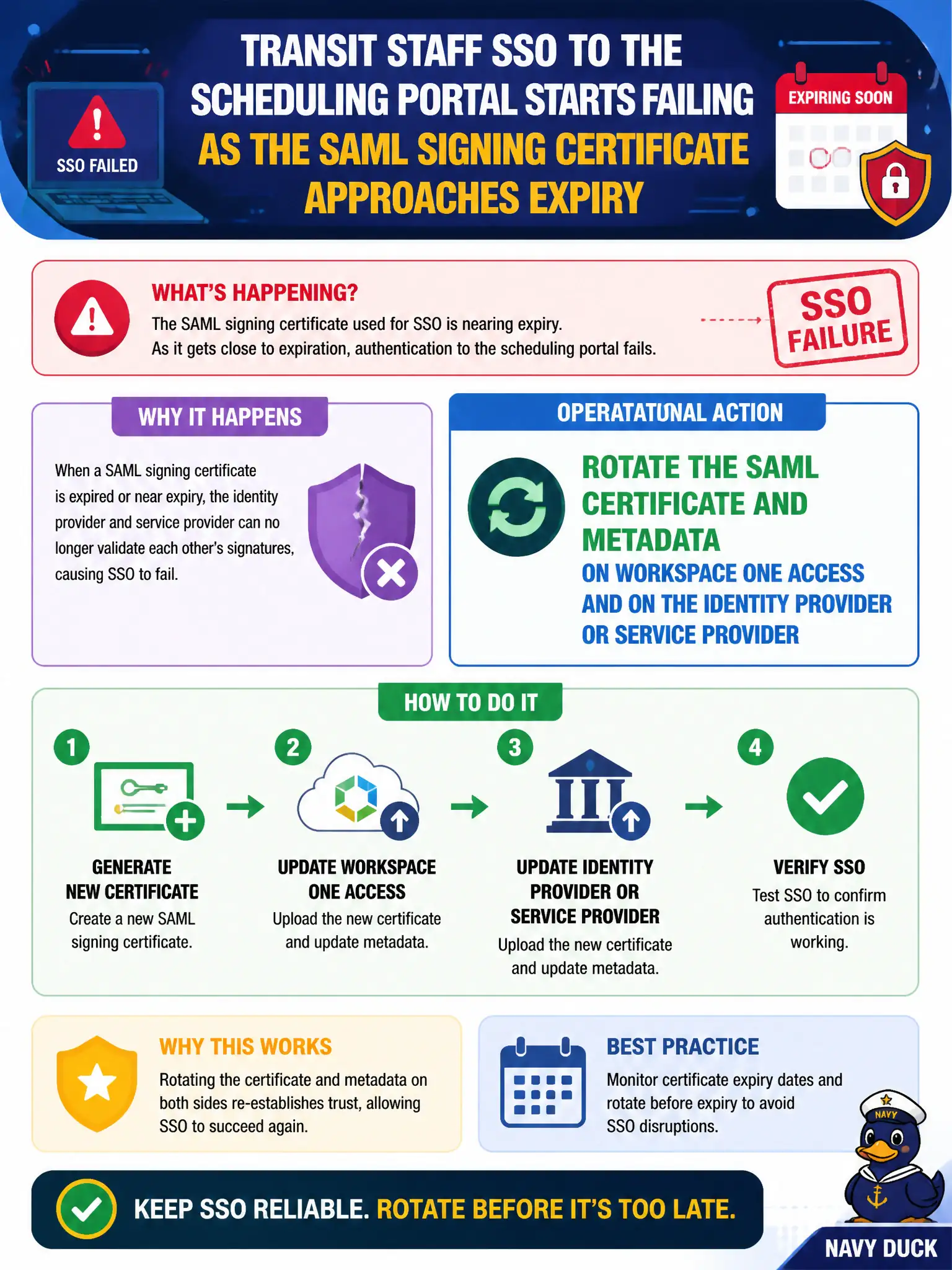 To Create an exciting colorful infographic that explains the concepts in the question: Question: Transit staff SSO to the scheduling portal starts failing as the SAML signing certificate approaches expiry. What operational action should the administrator take? Correct Answer: Rotate the SAML certificate and metadata on Workspace ONE Access and on the identity provider or service provider Put EVERY visible label in double quotes. No people. No A/B/C/D letters. In one of the four corners put a little "Navy Duck".