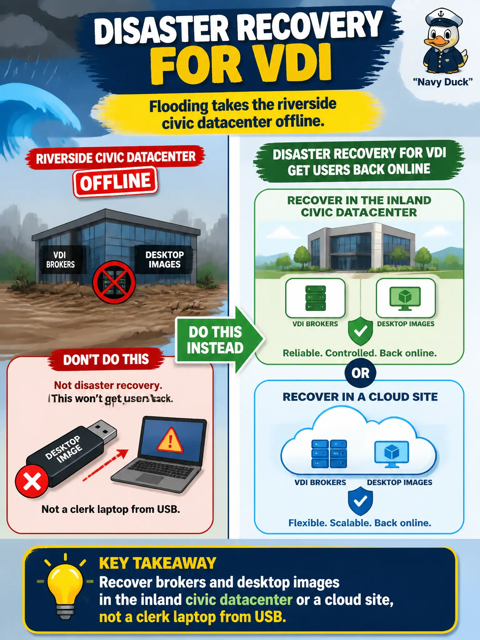 To Create an exciting colorful infographic that explains the concepts in the question: Question: Flooding takes the riverside civic datacenter offline. What does disaster recovery for VDI mean here? Correct Answer: Recover brokers and desktop images in the inland civic datacenter or a cloud site, not a clerk laptop from USB. Put EVERY visible label in double quotes. No people. No A/B/C/D letters. In one of the four corners put a little "Navy Duck".