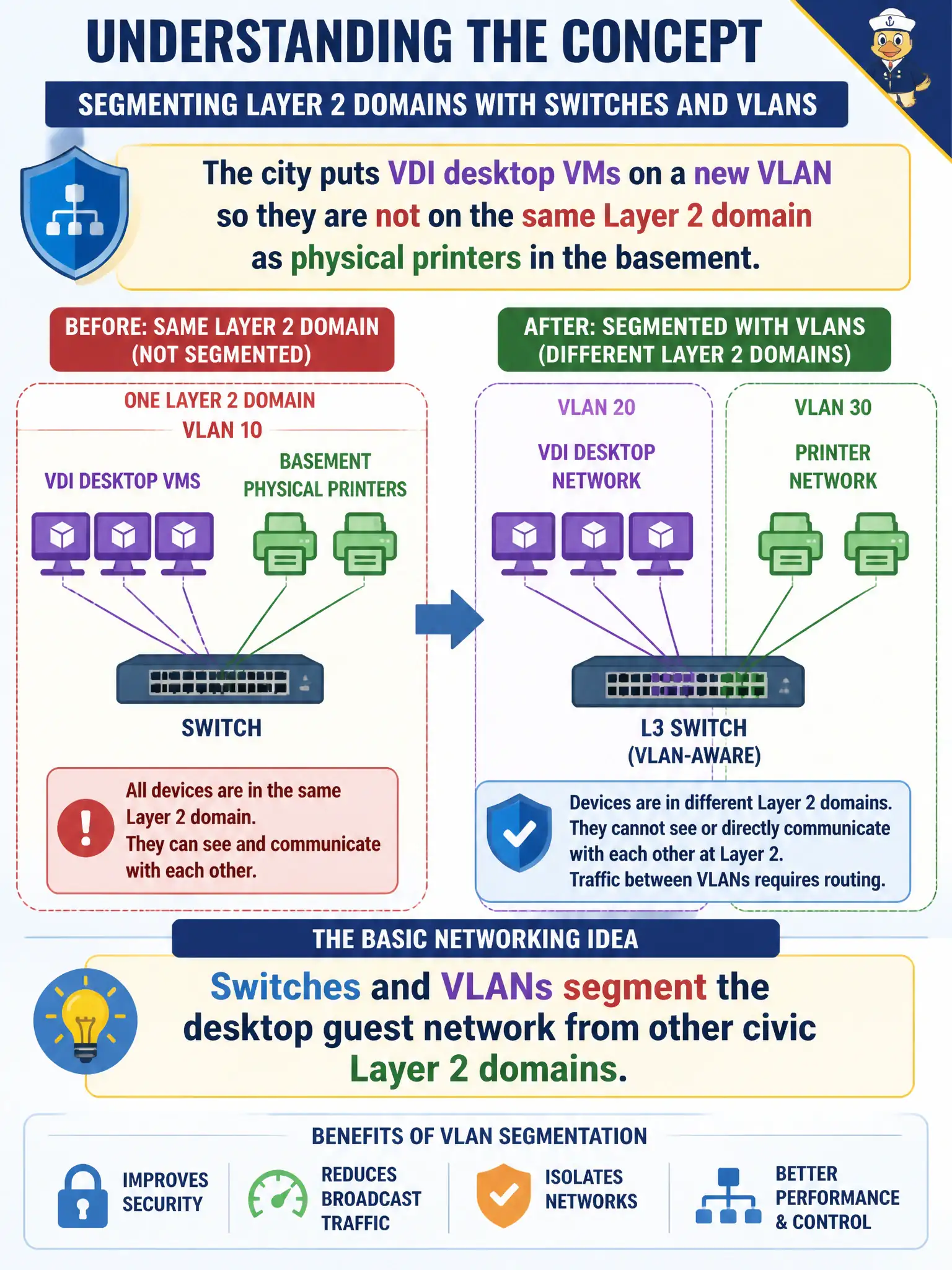 To Create an exciting colorful infographic that explains the concepts in the question: Question: The city puts VDI desktop VMs on a new VLAN so they are not on the same Layer 2 domain as physical printers in the basement. Which basic networking idea is that? Correct Answer: Switches and VLANs segment the desktop guest network from other civic Layer 2 domains. Put EVERY visible label in double quotes. No people. No A/B/C/D letters. In one of the four corners put a little "Navy Duck".