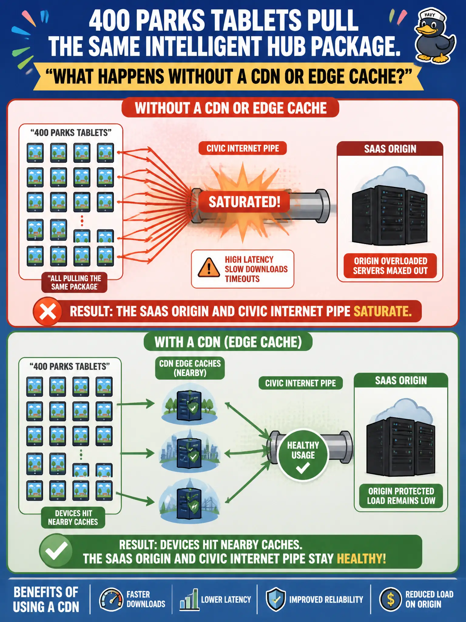 To Create an exciting colorful infographic that explains the concepts in the question: Question: During enrollment week, 400 parks tablets pull the same Intelligent Hub package. What happens without a CDN or edge cache? Correct Answer: The SaaS origin and civic internet pipe saturate; with a CDN, devices hit nearby caches Put EVERY visible label in double quotes. No people. No A/B/C/D letters. In one of the four corners put a little "Navy Duck".