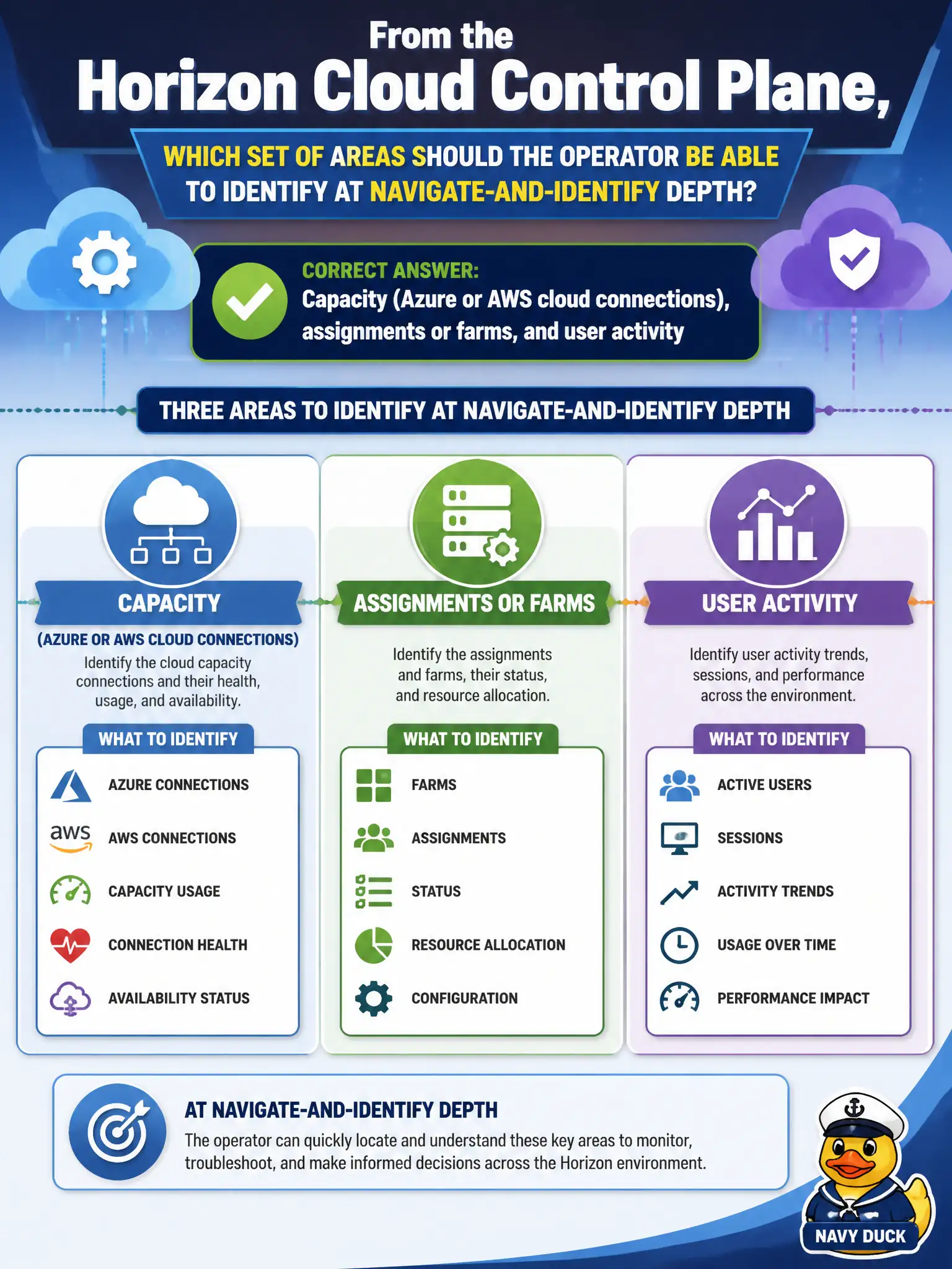To Create an exciting colorful infographic that explains the concepts in the question: Question: From the Horizon Cloud Control Plane, which set of areas should the operator be able to identify at navigate-and-identify depth? Correct Answer: Capacity (Azure or AWS cloud connections), assignments or farms, and user activity Put EVERY visible label in double quotes. No people. No A/B/C/D letters. In one of the four corners put a little "Navy Duck".