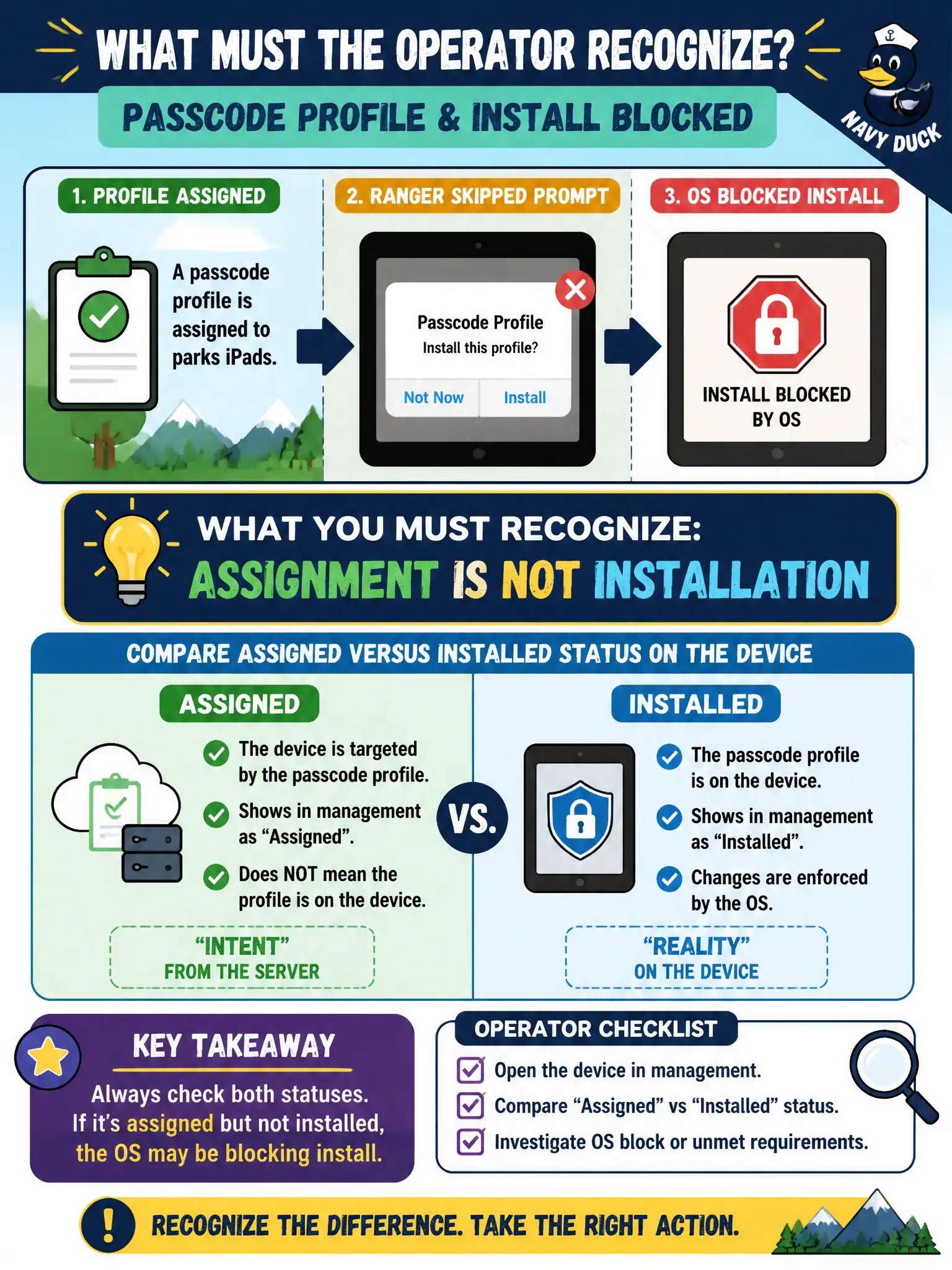To Create an exciting colorful infographic that explains the concepts in the question: Question: A passcode profile is assigned to parks iPads, but a ranger skipped the prompt and the OS blocked install. What must the operator recognize? Correct Answer: Assignment is not installation; compare assigned versus installed status on the device Put EVERY visible label in double quotes. No people. No A/B/C/D letters. In one of the four corners put a little "Navy Duck".