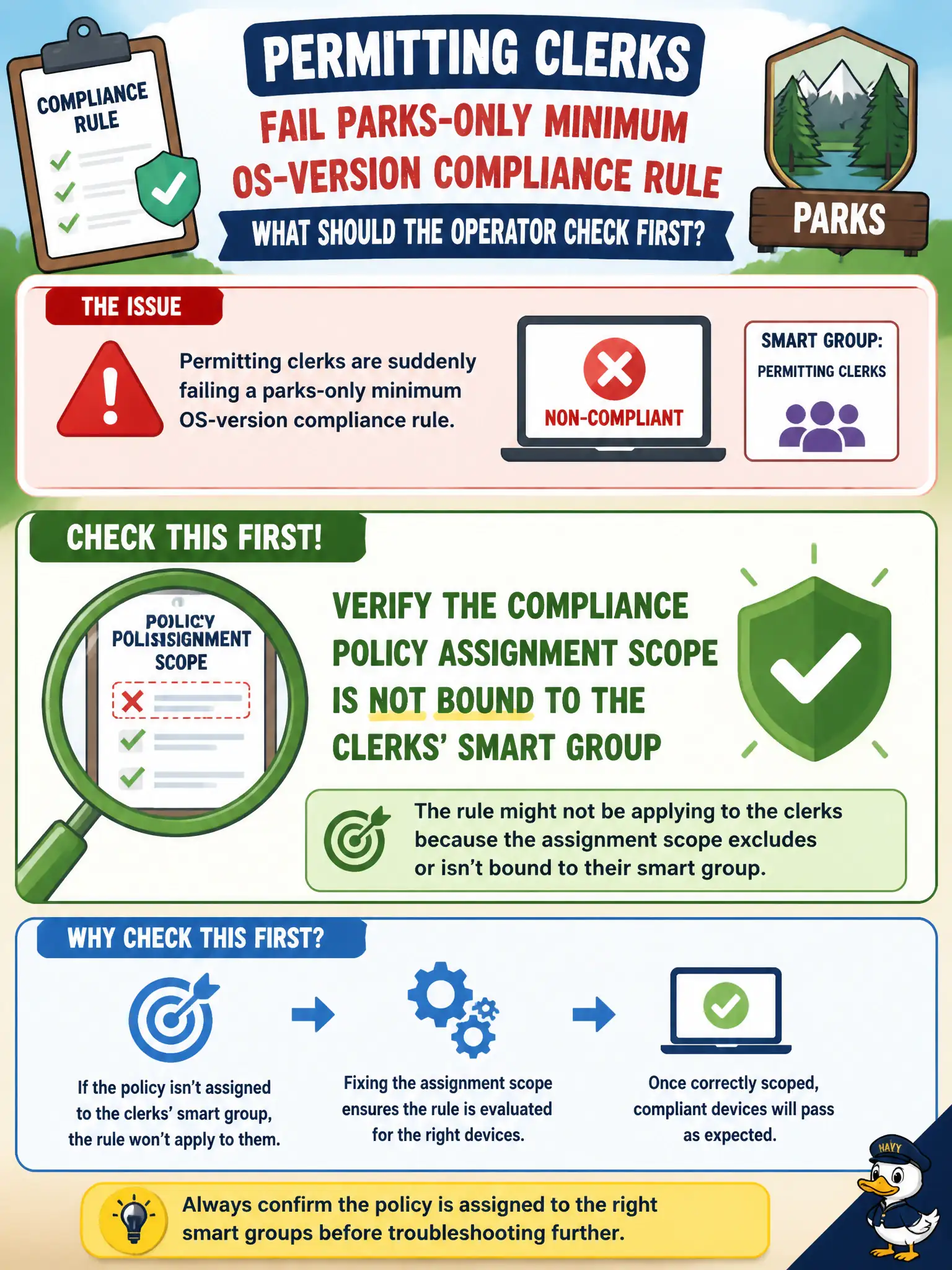To Create an exciting colorful infographic that explains the concepts in the question: Question: Permitting clerks suddenly fail a parks-only minimum OS-version compliance rule. What should the operator check first? Correct Answer: Verify the compliance policy assignment scope is not bound to the clerks' smart group Put EVERY visible label in double quotes. No people. No A/B/C/D letters. In one of the four corners put a little "Navy Duck".