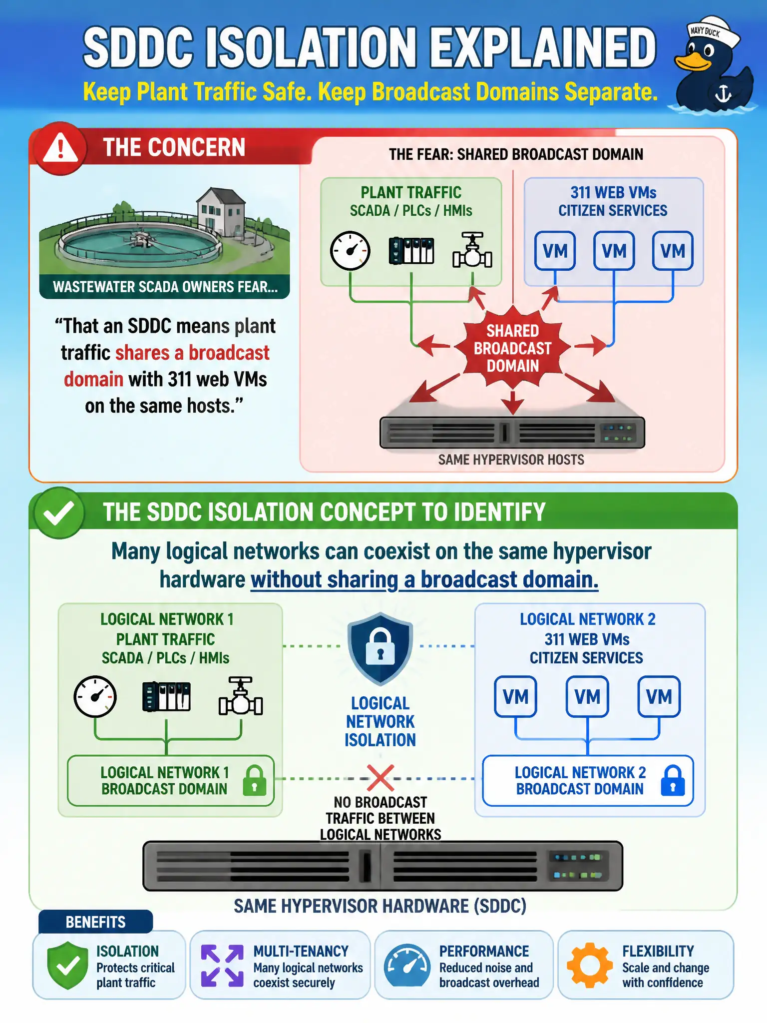 To Create an exciting colorful infographic that explains the concepts in the question: Question: Wastewater SCADA owners fear that an SDDC means plant traffic shares a broadcast domain with 311 web VMs on the same hosts. Which SDDC isolation concept should they identify? Correct Answer: Many logical networks can coexist on the same hypervisor hardware without sharing a broadcast domain Put EVERY visible label in double quotes. No people. No A/B/C/D letters. In one of the four corners put a little "Navy Duck".