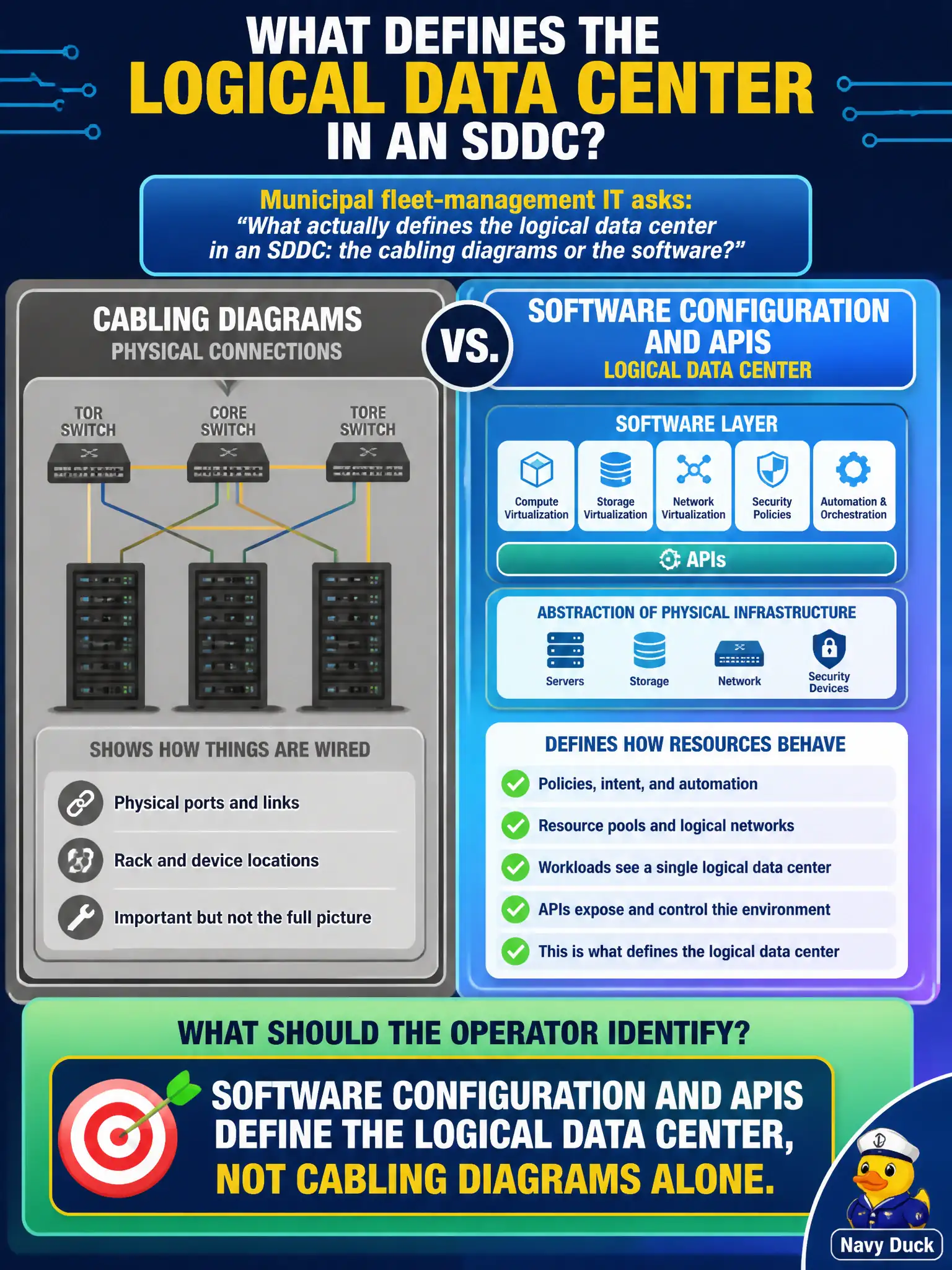 To Create an exciting colorful infographic that explains the concepts in the question: Question: Municipal fleet-management IT asks what actually defines the logical data center in an SDDC: the cabling diagrams or the software. What should the operator identify? Correct Answer: Software configuration and APIs define the logical data center, not cabling diagrams alone. Put EVERY visible label in double quotes. No people. No A/B/C/D letters. In one of the four corners put a little "Navy Duck".