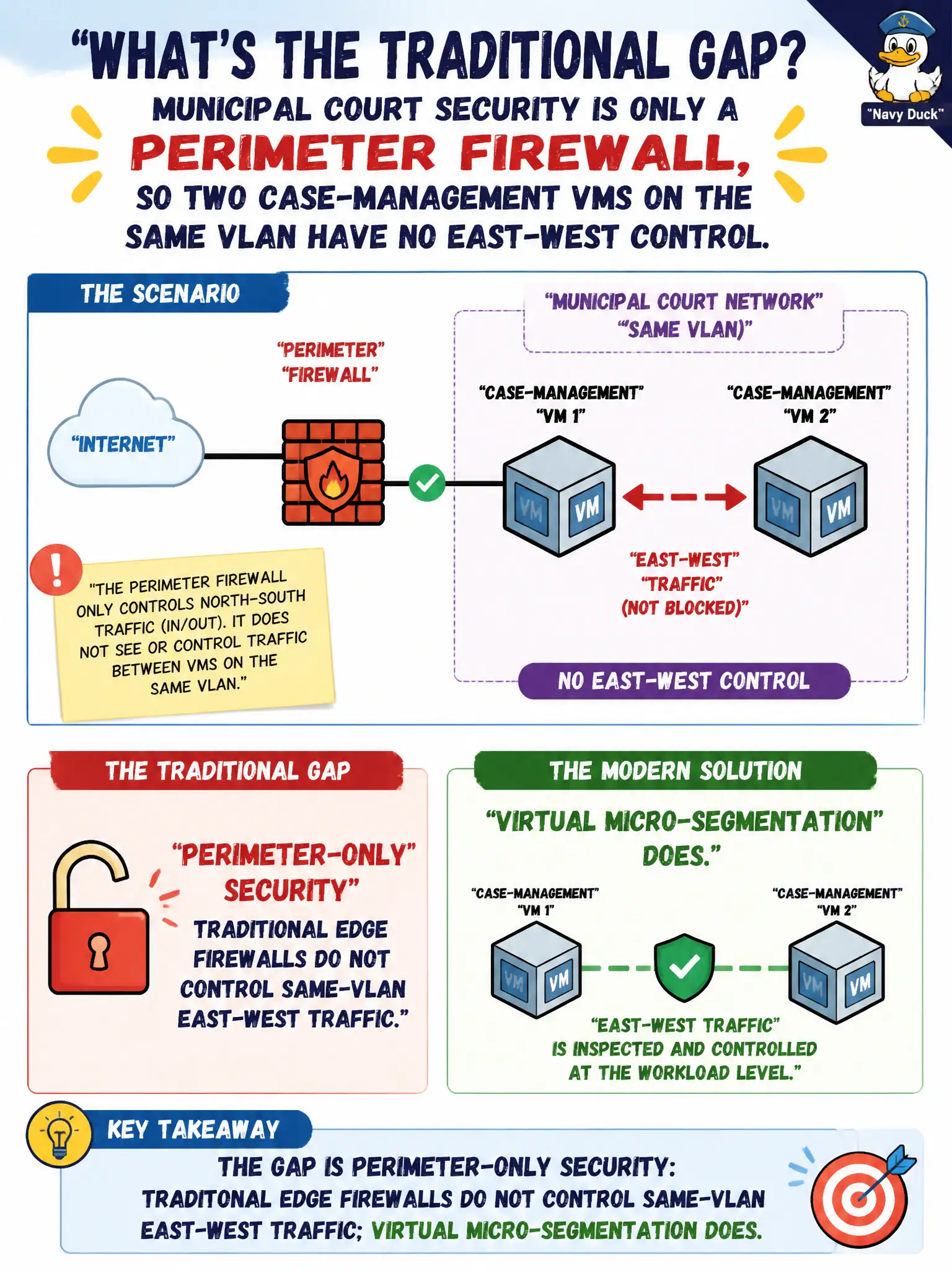 To Create an exciting colorful infographic that explains the concepts in the question: Question: Municipal court security is only a perimeter firewall, so two case-management VMs on the same VLAN have no east-west control. Which traditional gap is that? Correct Answer: Perimeter-only security: traditional edge firewalls do not control same-VLAN east-west traffic; virtual micro-segmentation does. Put EVERY visible label in double quotes. No people. No A/B/C/D letters. In one of the four corners put a little "Navy Duck".
