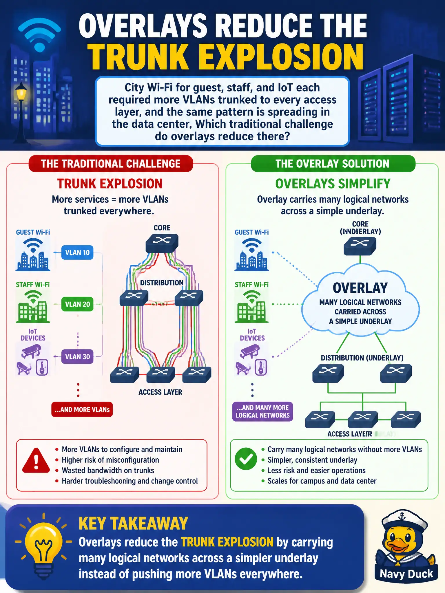 To Create an exciting colorful infographic that explains the concepts in the question: Question: City Wi-Fi for guest, staff, and IoT each required more VLANs trunked to every access layer, and the same pattern is spreading in the data center. Which traditional challenge do overlays reduce there? Correct Answer: Trunk explosion: overlays carry many logical networks across a simpler underlay instead of pushing more VLANs everywhere. Put EVERY visible label in double quotes. No people. No A/B/C/D letters. In one of the four corners put a little "Navy Duck".