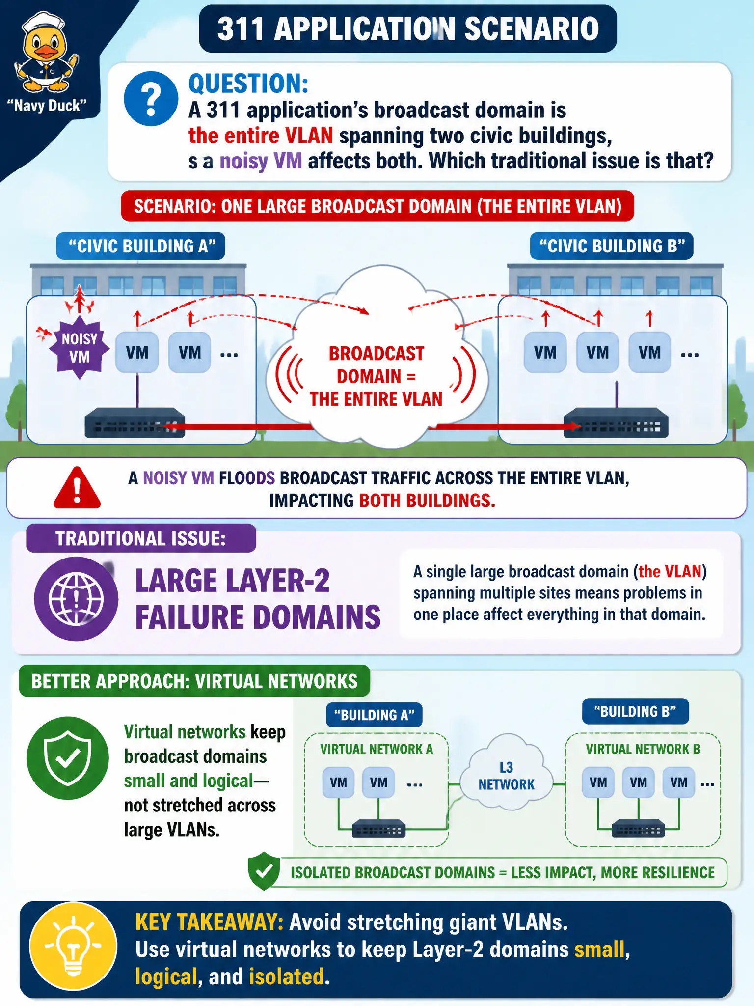 To Create an exciting colorful infographic that explains the concepts in the question: Question: A 311 application's broadcast domain is the entire VLAN spanning two civic buildings, so a noisy VM affects both. Which traditional issue is that? Correct Answer: Large Layer-2 failure domains: virtual networks can keep broadcast domains small and logical instead of stretching a huge VLAN. Put EVERY visible label in double quotes. No people. No A/B/C/D letters. In one of the four corners put a little "Navy Duck".