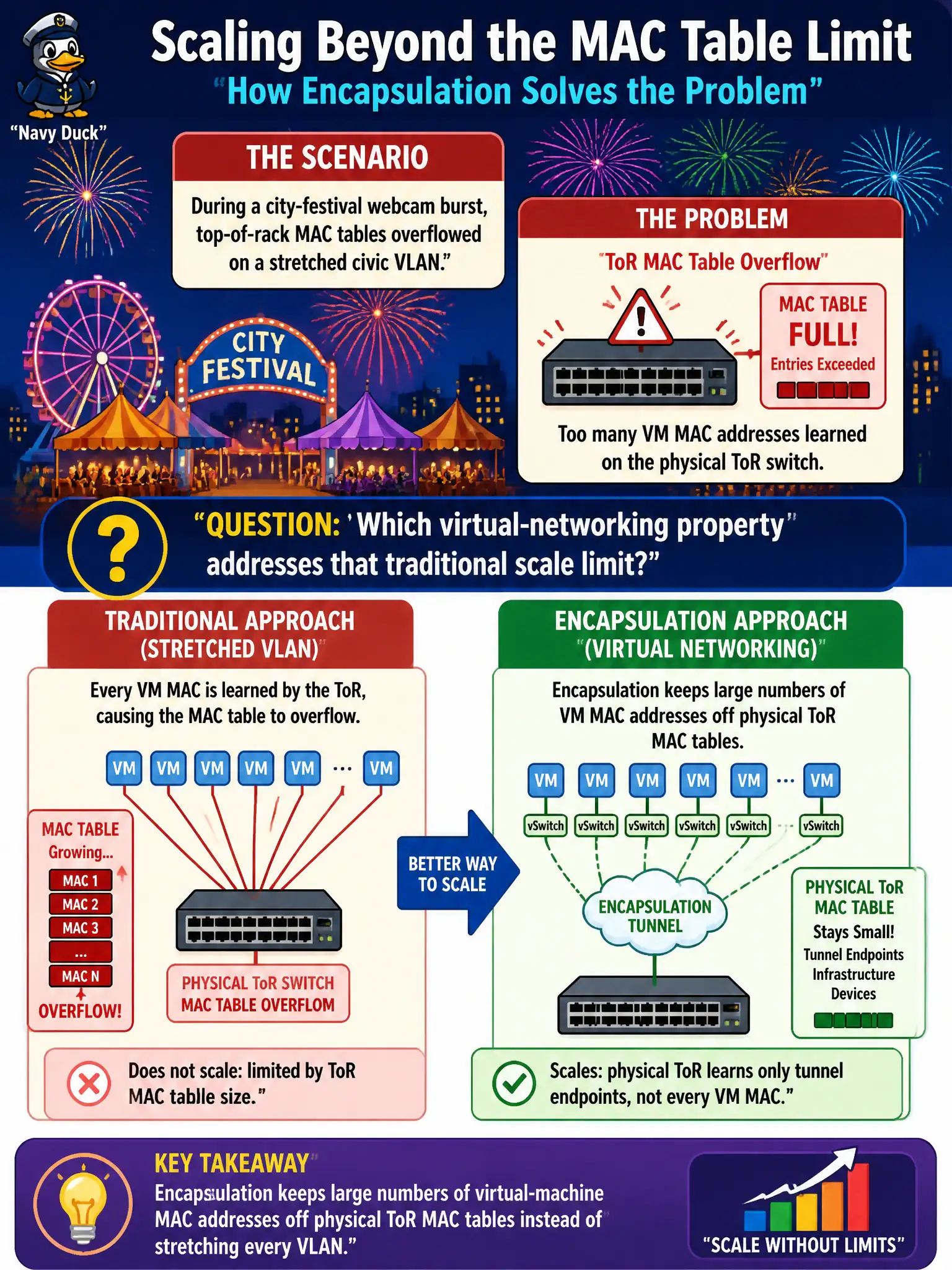 To Create an exciting colorful infographic that explains the concepts in the question: Question: During a city-festival webcam burst, top-of-rack MAC tables overflowed on a stretched civic VLAN. Which virtual-networking property addresses that traditional scale limit? Correct Answer: Encapsulation keeps large numbers of virtual-machine MAC addresses off physical ToR MAC tables instead of stretching every VLAN. Put EVERY visible label in double quotes. No people. No A/B/C/D letters. In one of the four corners put a little "Navy Duck".