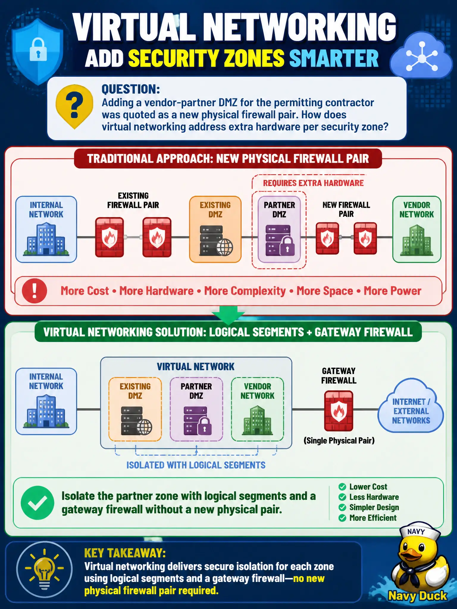 To Create an exciting colorful infographic that explains the concepts in the question: Question: Adding a vendor-partner DMZ for the permitting contractor was quoted as a new physical firewall pair. How does virtual networking address extra hardware per security zone? Correct Answer: Isolate the partner zone with logical segments and a gateway firewall without a new physical pair. Put EVERY visible label in double quotes. No people. No A/B/C/D letters. In one of the four corners put a little "Navy Duck".