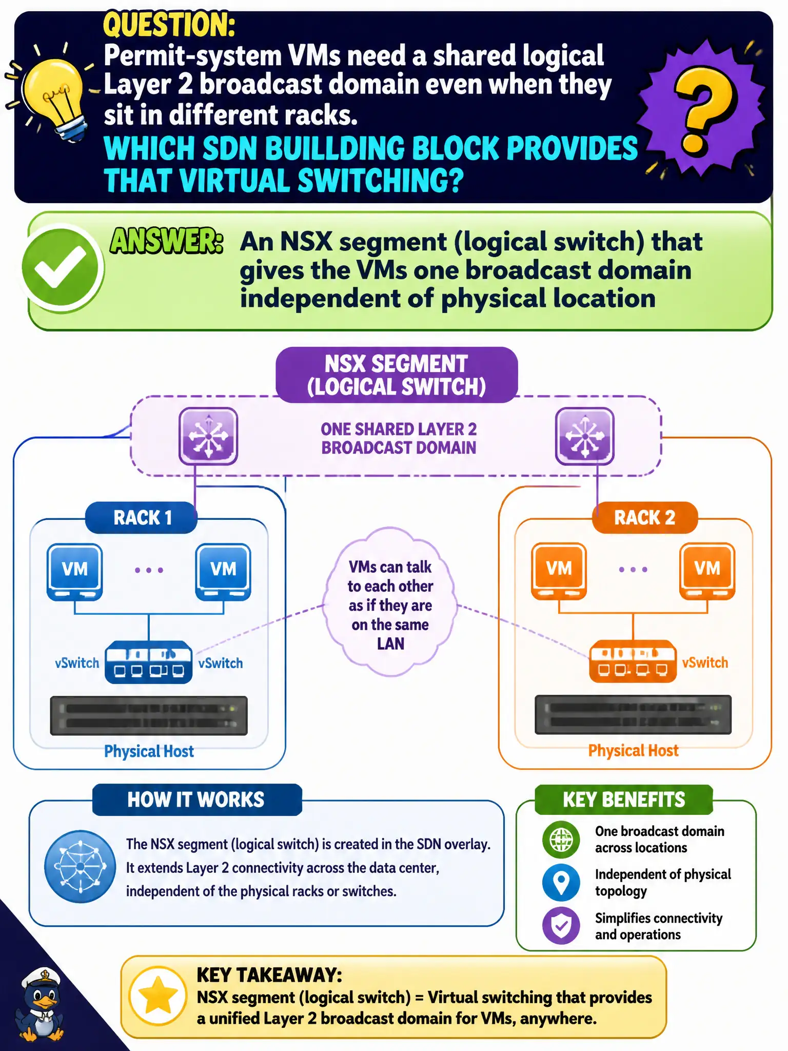 To Create an exciting colorful infographic that explains the concepts in the question: Question: Permit-system VMs need a shared logical Layer 2 broadcast domain even when they sit in different racks. Which SDN building block provides that virtual switching? Correct Answer: An NSX segment (logical switch) that gives the VMs one broadcast domain independent of physical location Put EVERY visible label in double quotes. No people. No A/B/C/D letters. In one of the four corners put a little "Navy Duck".