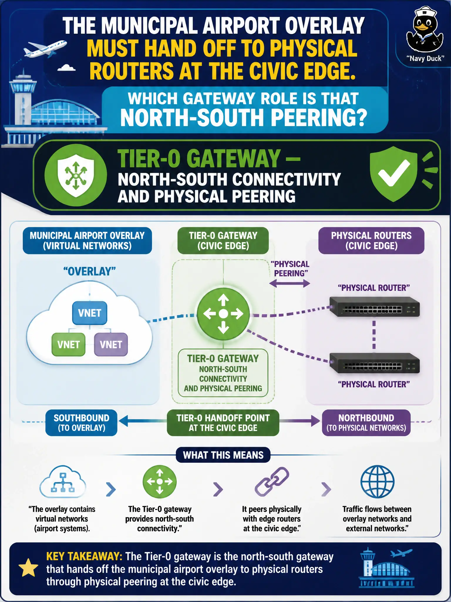 To Create an exciting colorful infographic that explains the concepts in the question: Question: The municipal airport overlay must hand off to physical routers at the civic edge. Which gateway role is that north-south peering? Correct Answer: A Tier-0 gateway — north-south connectivity and physical peering Put EVERY visible label in double quotes. No people. No A/B/C/D letters. In one of the four corners put a little "Navy Duck".