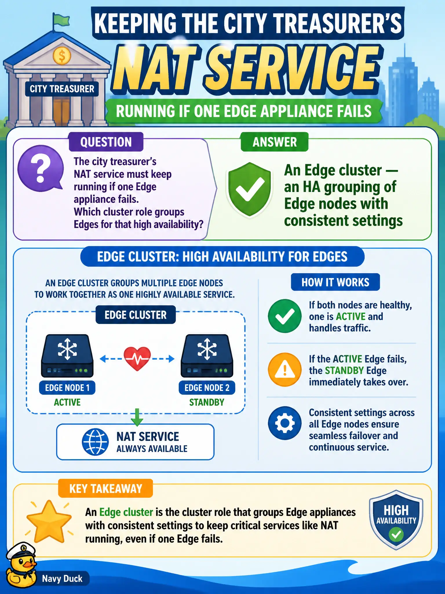 To Create an exciting colorful infographic that explains the concepts in the question: Question: The city treasurer's NAT service must keep running if one Edge appliance fails. Which cluster role groups Edges for that high availability? Correct Answer: An Edge cluster — an HA grouping of Edge nodes with consistent settings Put EVERY visible label in double quotes. No people. No A/B/C/D letters. In one of the four corners put a little "Navy Duck".