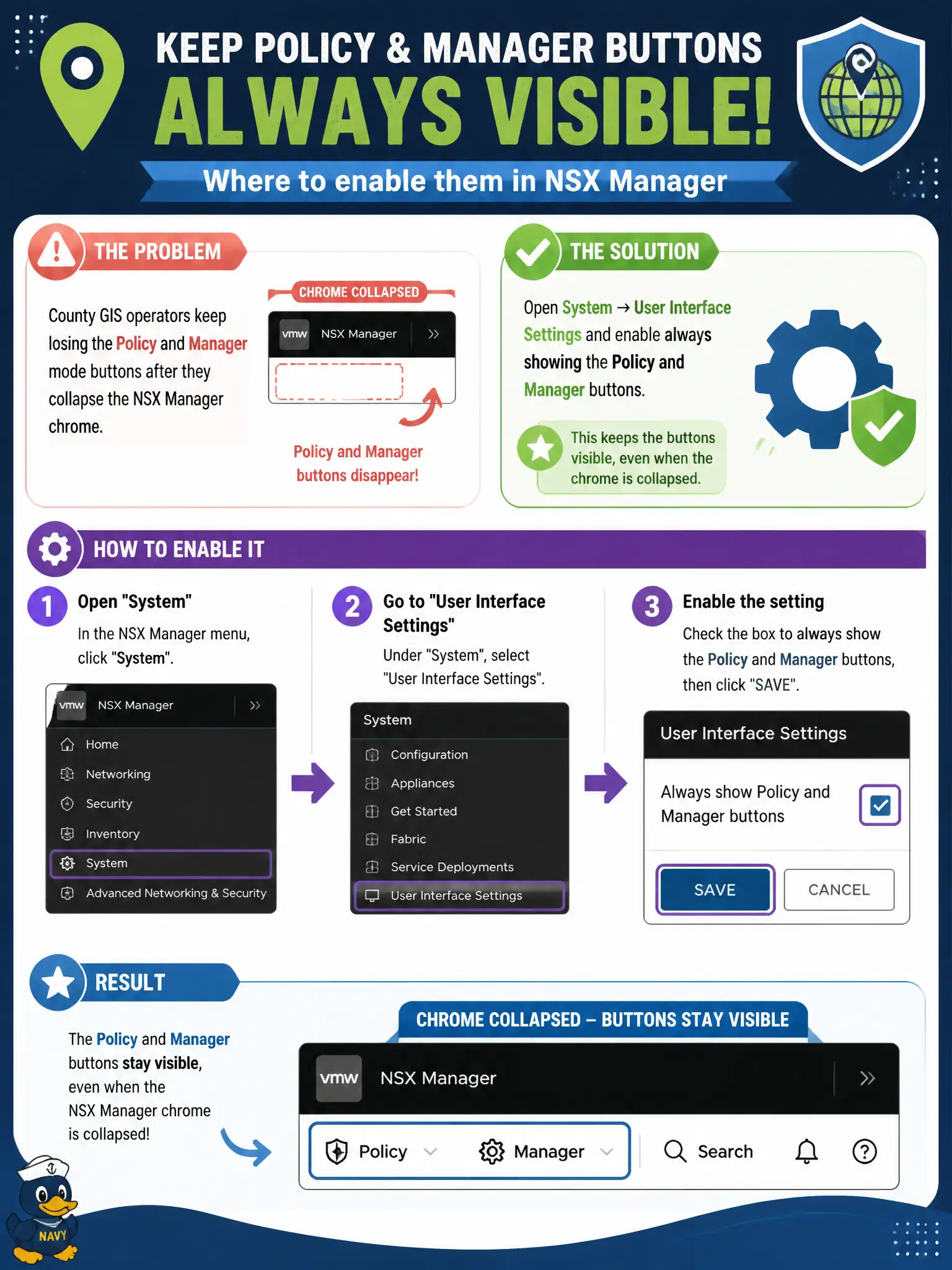 To Create an exciting colorful infographic that explains the concepts in the question: Question: County GIS operators keep losing the Policy and Manager mode buttons after they collapse the NSX Manager chrome. Where should they make those buttons always visible? Correct Answer: Open System → User Interface Settings and enable always showing the Policy and Manager buttons Put EVERY visible label in double quotes. No people. No A/B/C/D letters. In one of the four corners put a little "Navy Duck".