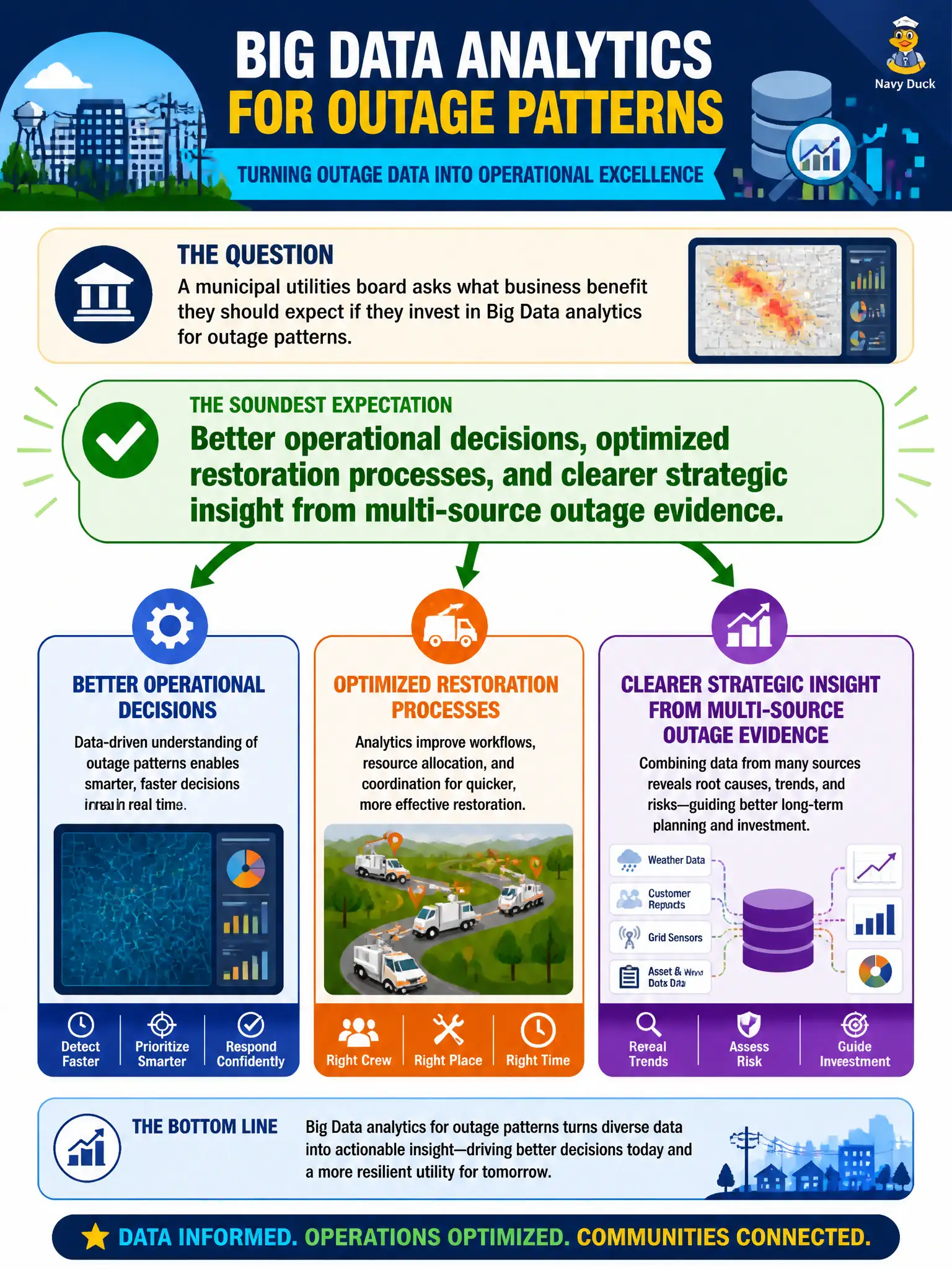 To Create an exciting colorful infographic that explains the concepts in the question: Question: A municipal utilities board asks what business benefit they should expect if they invest in Big Data analytics for outage patterns. Which benefit is the soundest expectation? Correct Answer: Better operational decisions, optimized restoration processes, and clearer strategic insight from multi-source outage evidence. Put EVERY visible label in double quotes. No people. No A/B/C/D letters. In one of the four corners put a little "Navy Duck".