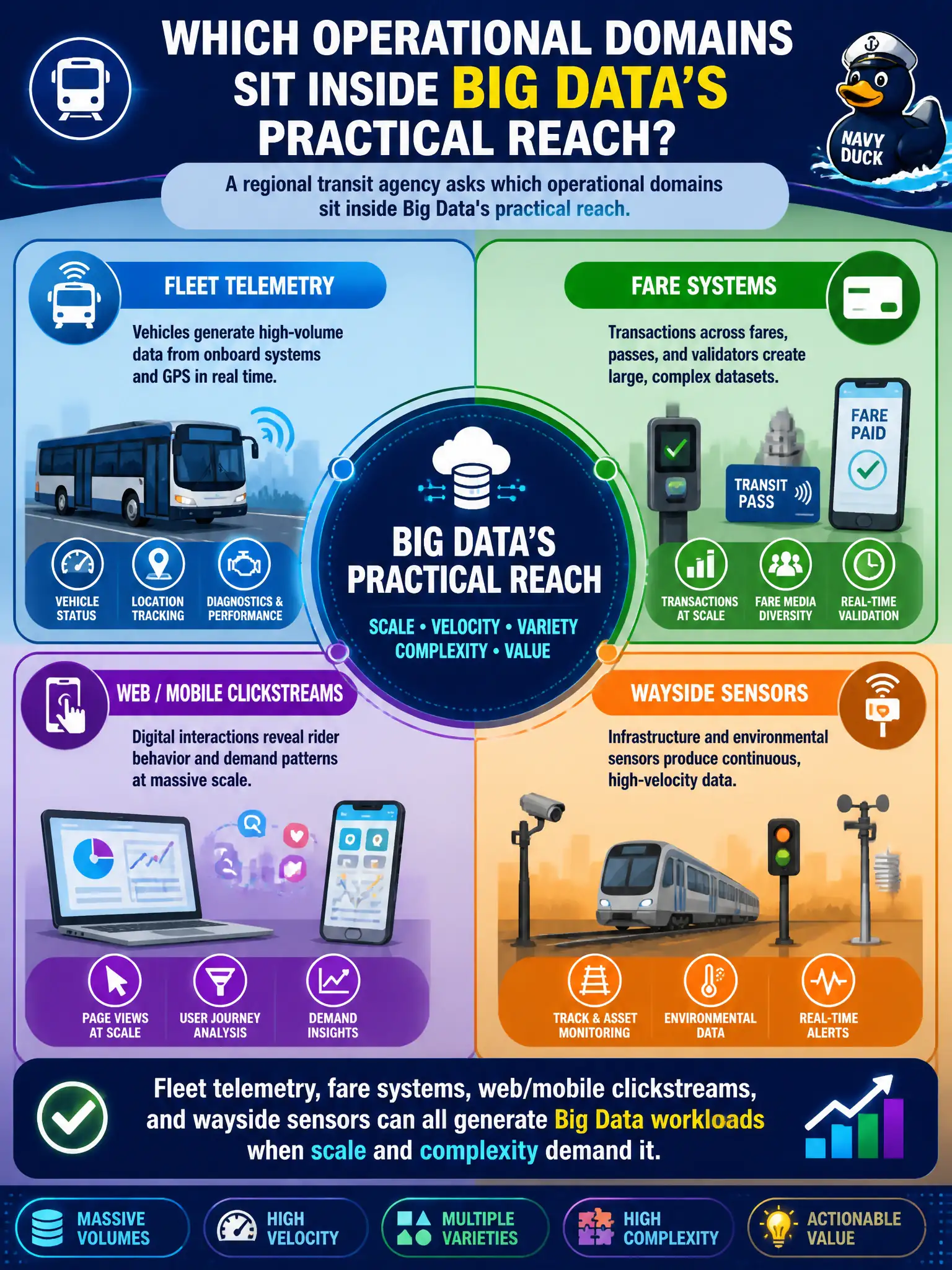 To Create an exciting colorful infographic that explains the concepts in the question: Question: A regional transit agency asks which operational domains sit inside Big Data's practical reach. Which answer best reflects BDPC breadth? Correct Answer: Fleet telemetry, fare systems, web/mobile clickstreams, and wayside sensors can all generate Big Data workloads when scale and complexity demand it. Put EVERY visible label in double quotes. No people. No A/B/C/D letters. In one of the four corners put a little "Navy Duck".