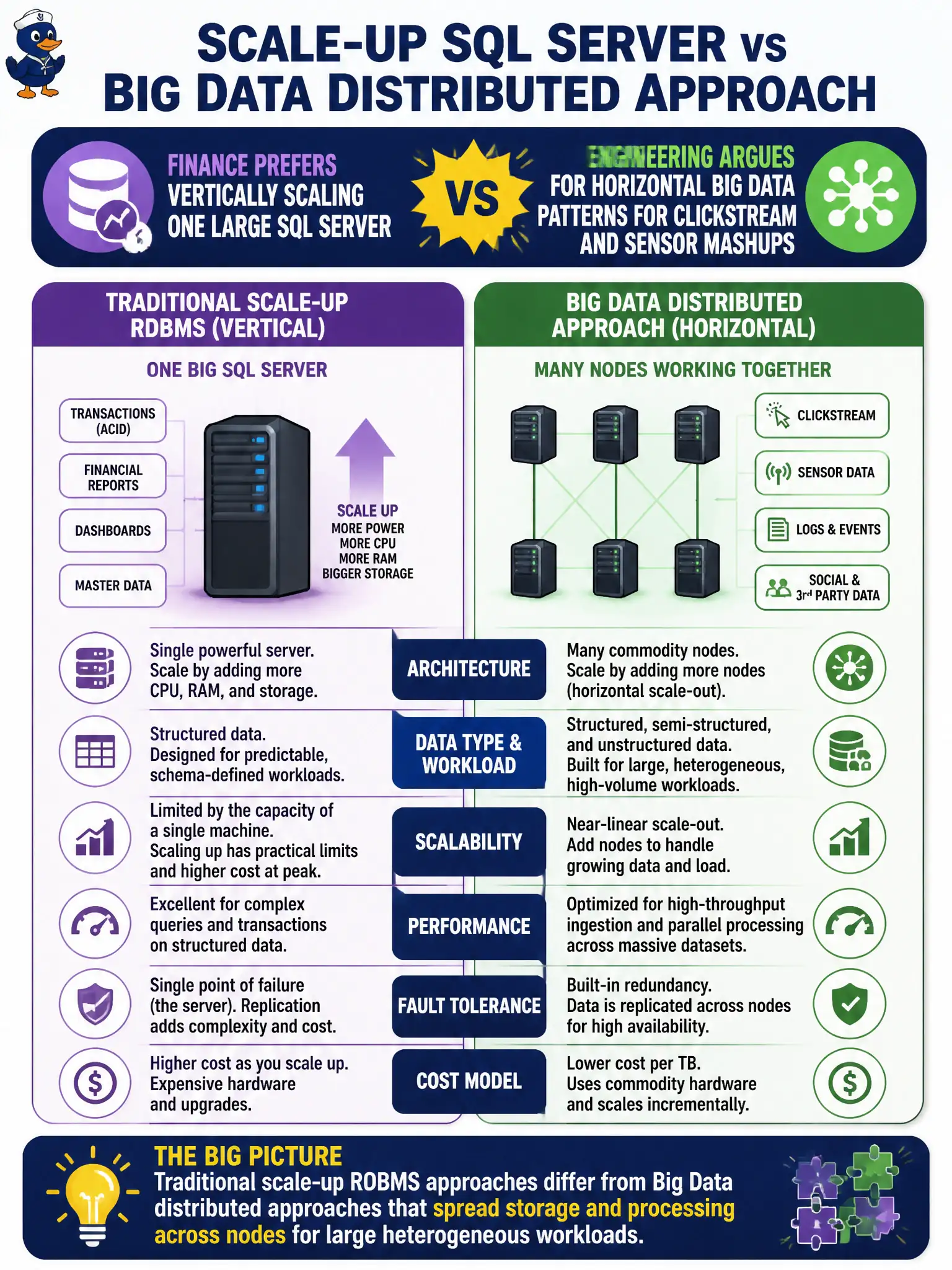 To Create an exciting colorful infographic that explains the concepts in the question: Question: Finance prefers vertically scaling one large SQL server; engineering argues for horizontal Big Data patterns for clickstream and sensor mashups. Which comparison is most accurate? Correct Answer: Traditional scale-up RDBMS approaches differ from Big Data distributed approaches that spread storage and processing across nodes for large heterogeneous workloads. Put EVERY visible label in double quotes. No people. No A/B/C/D letters. In one of the four corners put a little "Navy Duck".