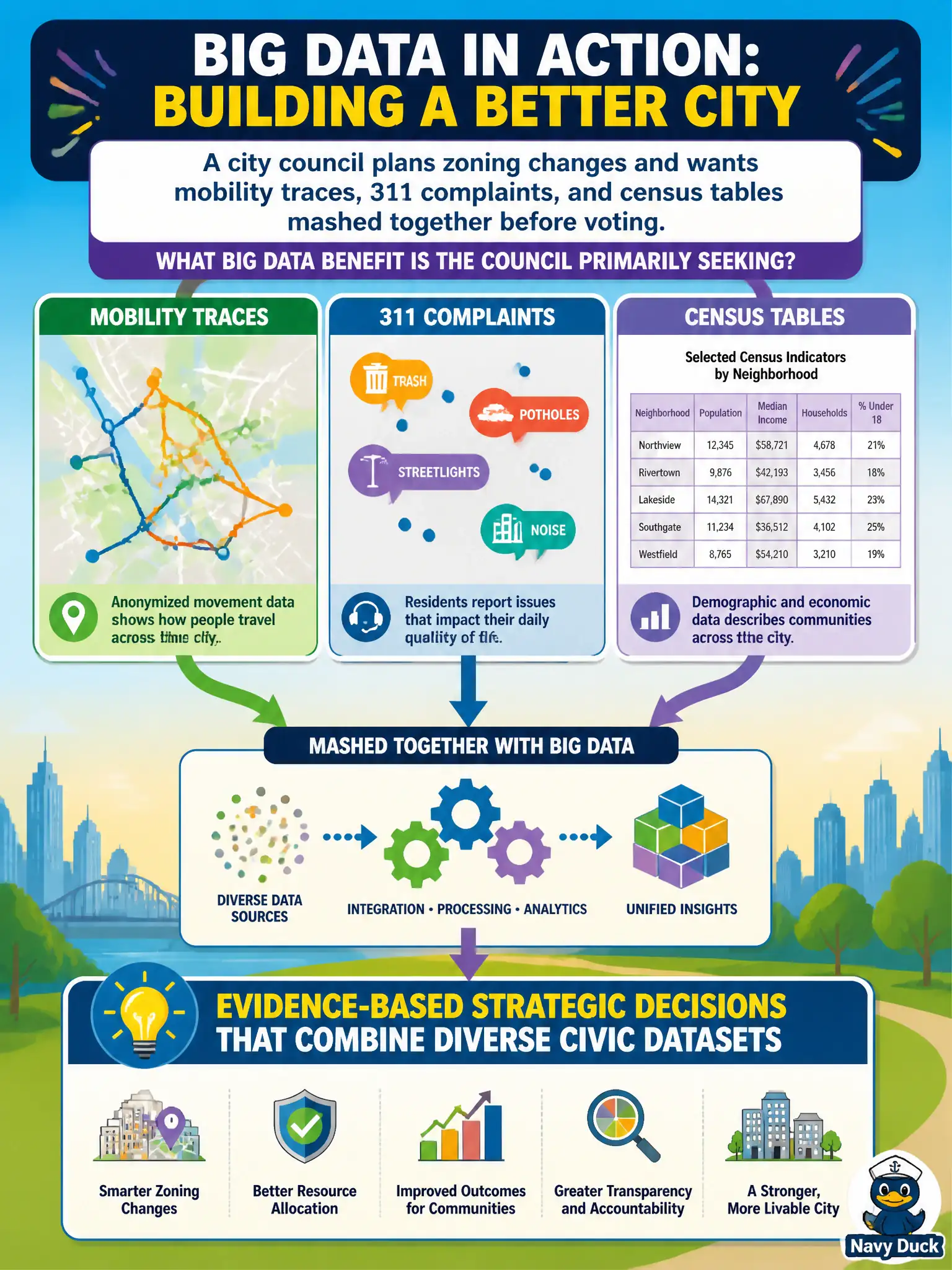 To Create an exciting colorful infographic that explains the concepts in the question: Question: A city council plans zoning changes and wants mobility traces, 311 complaints, and census tables mashed together before voting. What Big Data benefit is the council primarily seeking? Correct Answer: Evidence-based strategic decisions that combine diverse civic datasets Put EVERY visible label in double quotes. No people. No A/B/C/D letters. In one of the four corners put a little "Navy Duck".