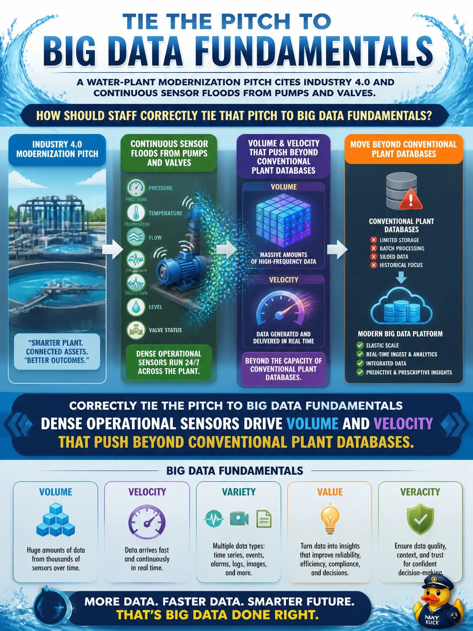 To Create an exciting colorful infographic that explains the concepts in the question: Question: A water-plant modernization pitch cites Industry 4.0 and continuous sensor floods from pumps and valves. How should staff correctly tie that pitch to Big Data fundamentals? Correct Answer: Dense operational sensors drive Volume and Velocity that push beyond conventional plant databases Put EVERY visible label in double quotes. No people. No A/B/C/D letters. In one of the four corners put a little "Navy Duck".