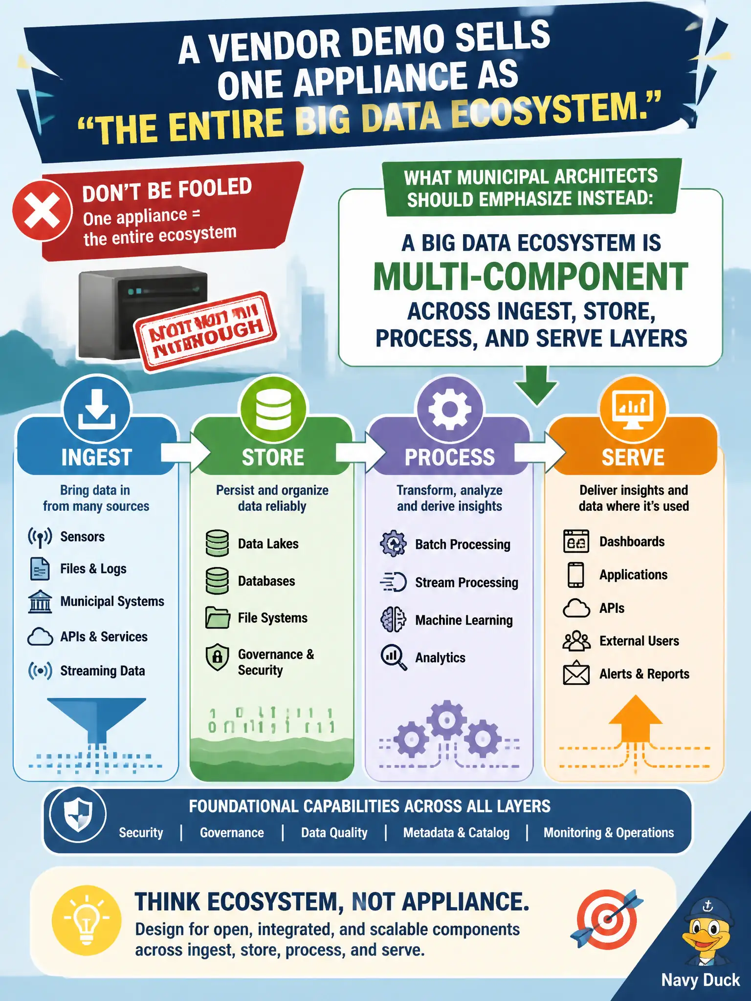 To Create an exciting colorful infographic that explains the concepts in the question: Question: A vendor demo sells one appliance as ‘the entire Big Data ecosystem.’ What should municipal architects emphasize instead? Correct Answer: A Big Data ecosystem is multi-component across ingest, store, process, and serve layers Put EVERY visible label in double quotes. No people. No A/B/C/D letters. In one of the four corners put a little "Navy Duck".