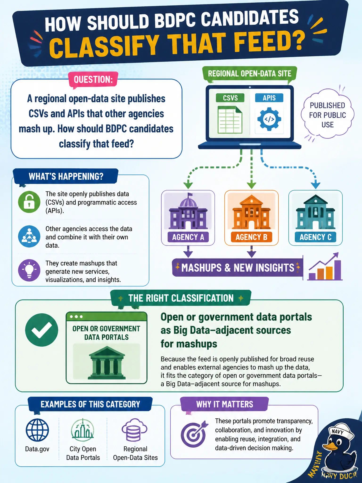 To Create an exciting colorful infographic that explains the concepts in the question: Question: A regional open-data site publishes CSVs and APIs that other agencies mash up. How should BDPC candidates classify that feed? Correct Answer: Open or government data portals as Big Data–adjacent sources for mashups Put EVERY visible label in double quotes. No people. No A/B/C/D letters. In one of the four corners put a little "Navy Duck".