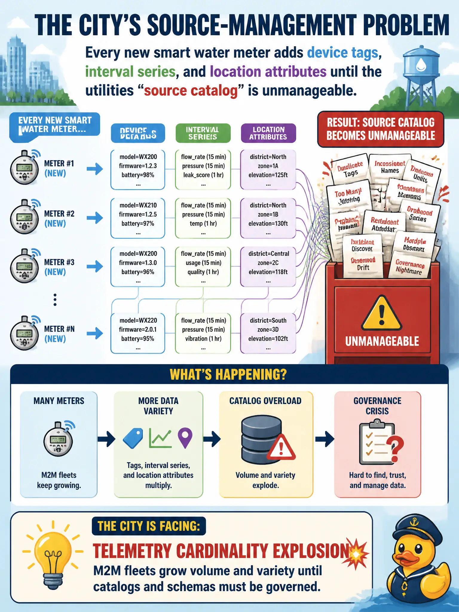 To Create an exciting colorful infographic that explains the concepts in the question: Question: Every new smart water meter adds device tags, interval series, and location attributes until the utilities “source catalog” is unmanageable. What source-management problem is the city facing? Correct Answer: Telemetry cardinality explosion: M2M fleets grow volume and variety until catalogs and schemas must be governed. Put EVERY visible label in double quotes. No people. No A/B/C/D letters. In one of the four corners put a little "Navy Duck".
