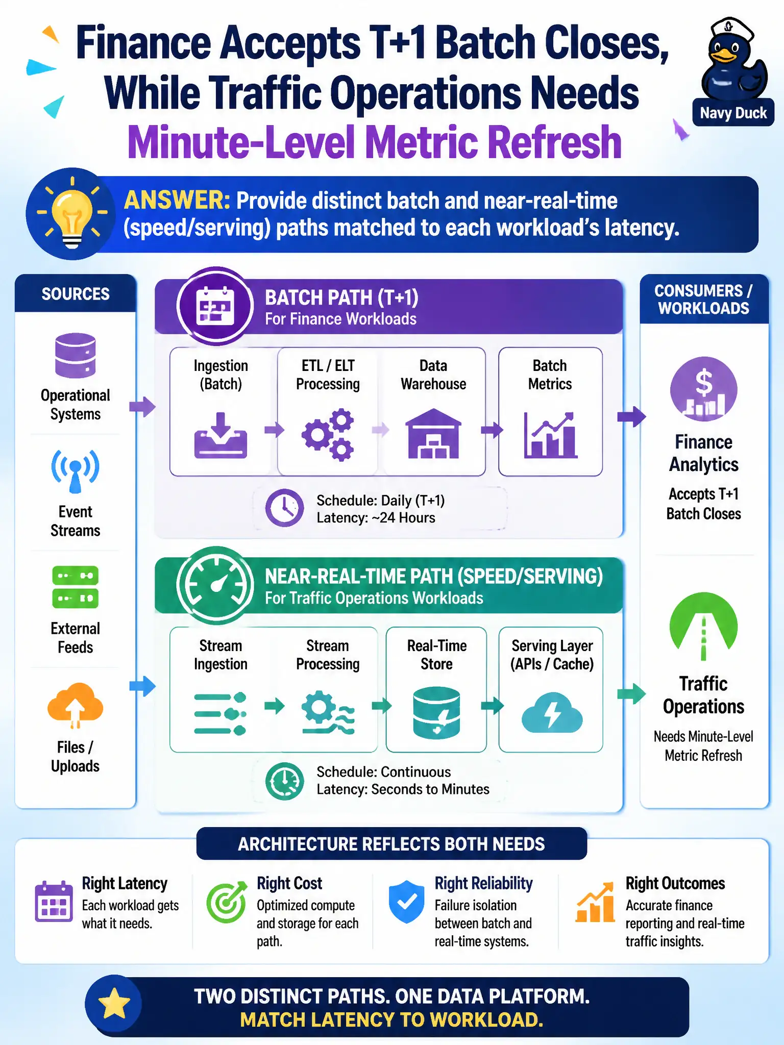 To Create an exciting colorful infographic that explains the concepts in the question: Question: Finance accepts T+1 batch closes, while traffic operations needs minute-level metric refresh. How should architecture reflect both needs? Correct Answer: Provide distinct batch and near-real-time (speed/serving) paths matched to each workload’s latency. Put EVERY visible label in double quotes. No people. No A/B/C/D letters. In one of the four corners put a little "Navy Duck".