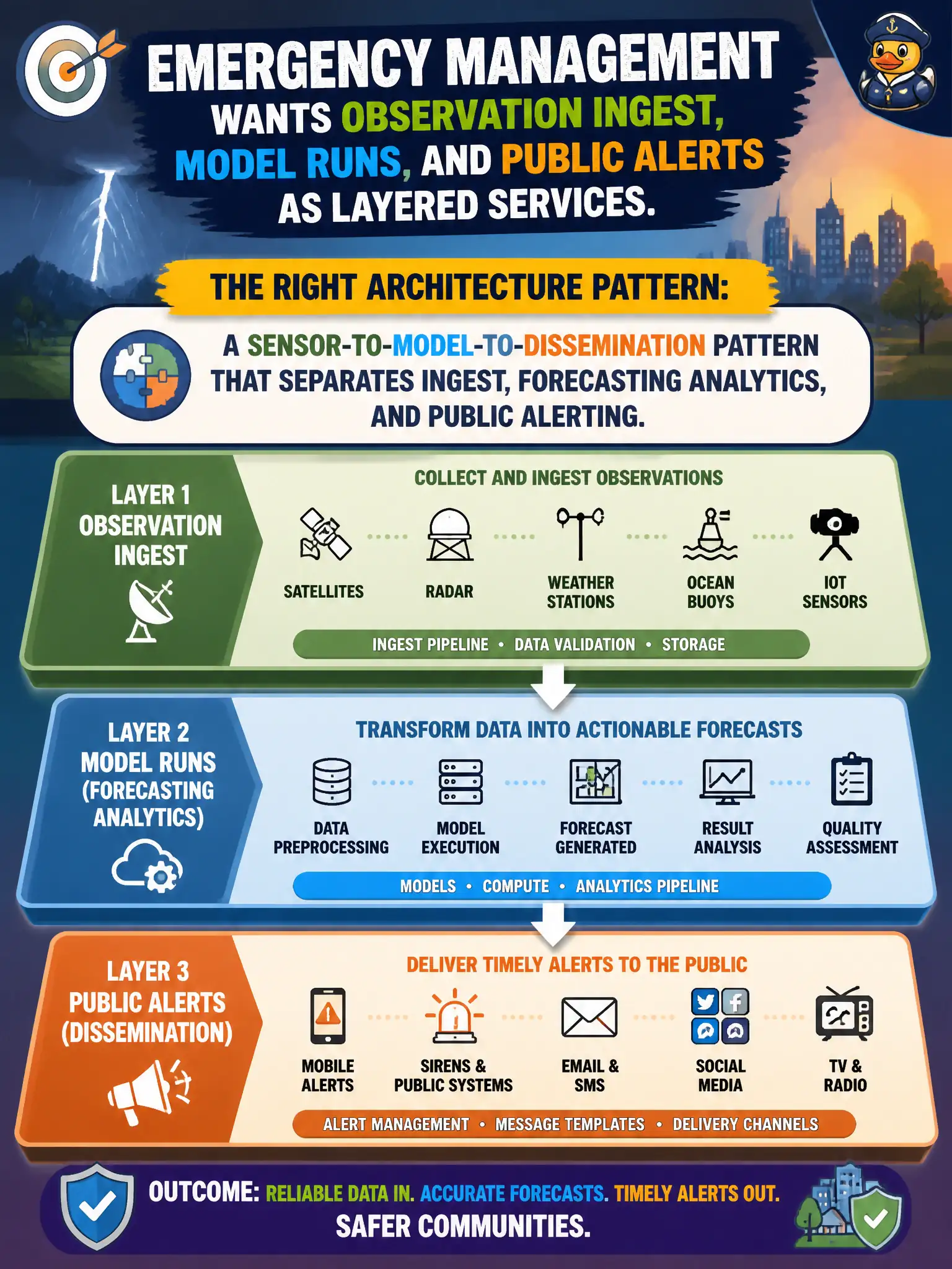 To Create an exciting colorful infographic that explains the concepts in the question: Question: Emergency management wants observation ingest, model runs, and public alerts as layered services. Which architecture pattern matches? Correct Answer: A sensor-to-model-to-dissemination pattern that separates ingest, forecasting analytics, and public alerting. Put EVERY visible label in double quotes. No people. No A/B/C/D letters. In one of the four corners put a little "Navy Duck".