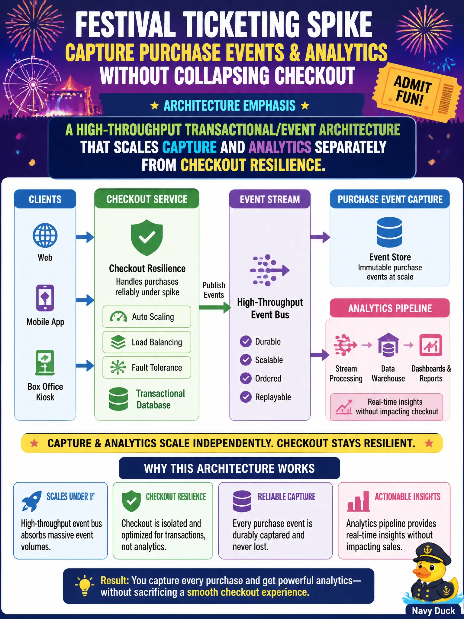To Create an exciting colorful infographic that explains the concepts in the question: Question: A festival ticketing spike must capture purchase events and analytics without collapsing checkout. What architecture emphasis is required? Correct Answer: A high-throughput transactional/event architecture that scales capture and analytics separately from checkout resilience. Put EVERY visible label in double quotes. No people. No A/B/C/D letters. In one of the four corners put a little "Navy Duck".