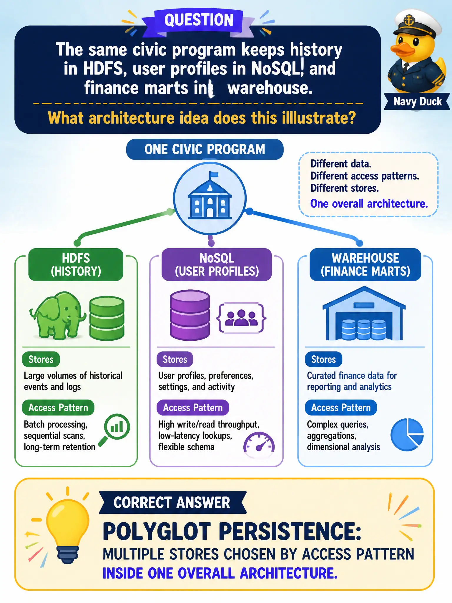 To Create an exciting colorful infographic that explains the concepts in the question: Question: The same civic program keeps history in HDFS, user profiles in NoSQL, and finance marts in a warehouse. What architecture idea does this illustrate? Correct Answer: Polyglot persistence: multiple stores chosen by access pattern inside one overall architecture. Put EVERY visible label in double quotes. No people. No A/B/C/D letters. In one of the four corners put a little "Navy Duck".