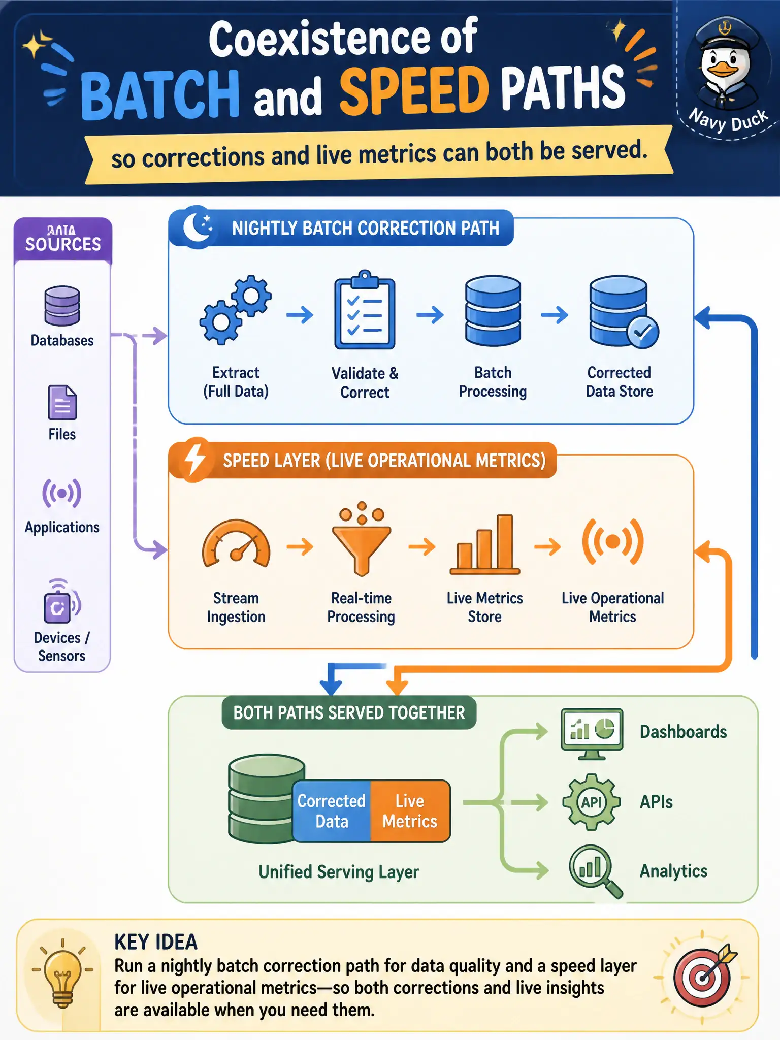 To Create an exciting colorful infographic that explains the concepts in the question: Question: Architects describe a nightly batch correction path alongside a speed layer that feeds live operational metrics. What architectural idea are they applying? Correct Answer: Coexistence of batch and speed paths so corrections and live metrics can both be served. Put EVERY visible label in double quotes. No people. No A/B/C/D letters. In one of the four corners put a little "Navy Duck".