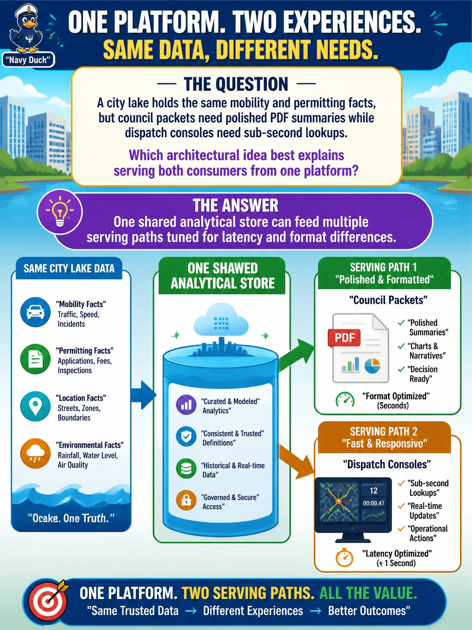 To Create an exciting colorful infographic that explains the concepts in the question: Question: A city lake holds the same mobility and permitting facts, but council packets need polished PDF summaries while dispatch consoles need sub-second lookups. Which architectural idea best explains serving both consumers from one platform? Correct Answer: One shared analytical store can feed multiple serving paths tuned for latency and format differences Put EVERY visible label in double quotes. No people. No A/B/C/D letters. In one of the four corners put a little "Navy Duck".