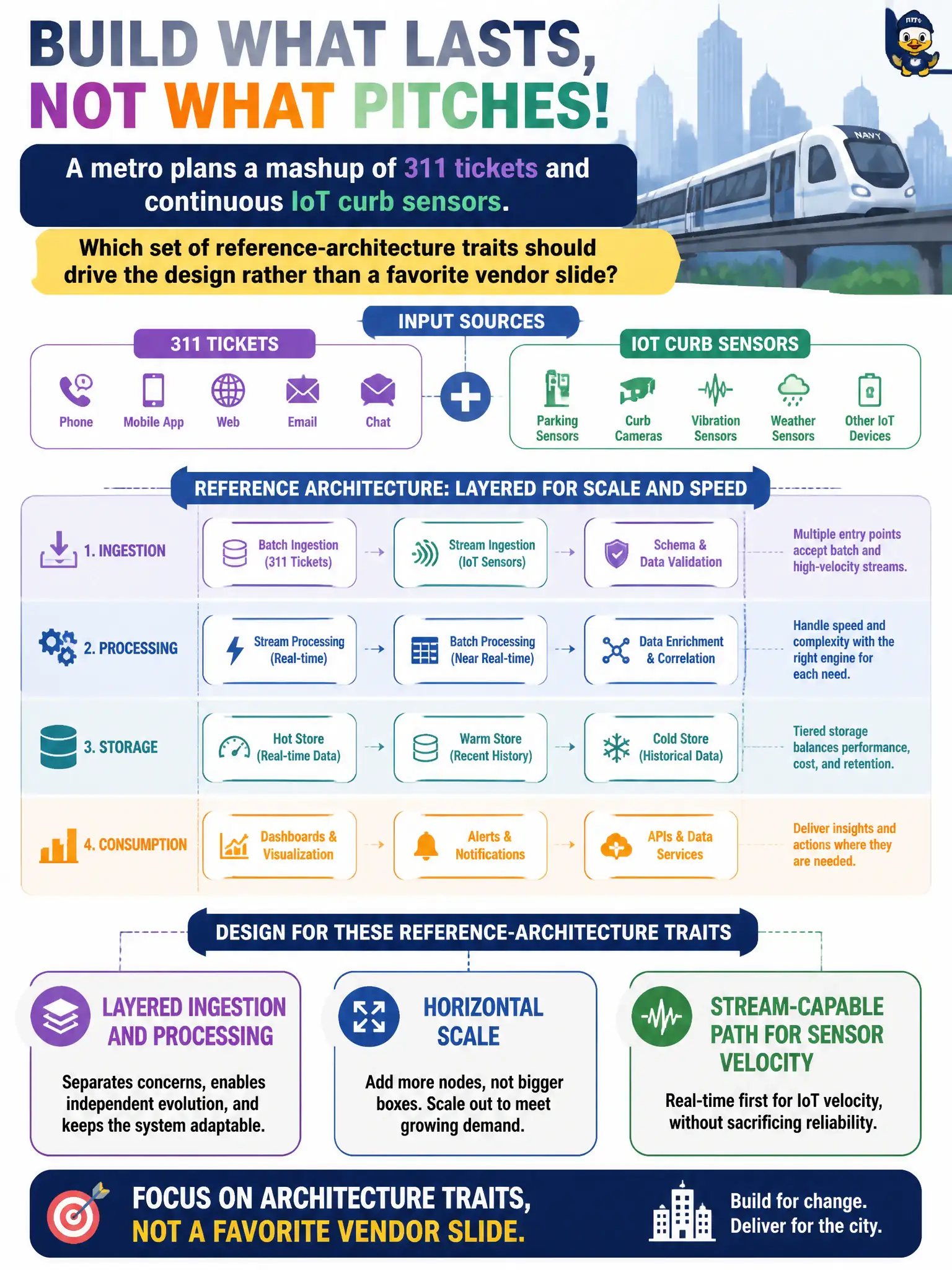 To Create an exciting colorful infographic that explains the concepts in the question: Question: A metro plans a mashup of 311 tickets and continuous IoT curb sensors. Which set of reference-architecture traits should drive the design rather than a favorite vendor slide? Correct Answer: Layered ingestion and processing, horizontal scale, and a stream-capable path for sensor velocity Put EVERY visible label in double quotes. No people. No A/B/C/D letters. In one of the four corners put a little "Navy Duck".