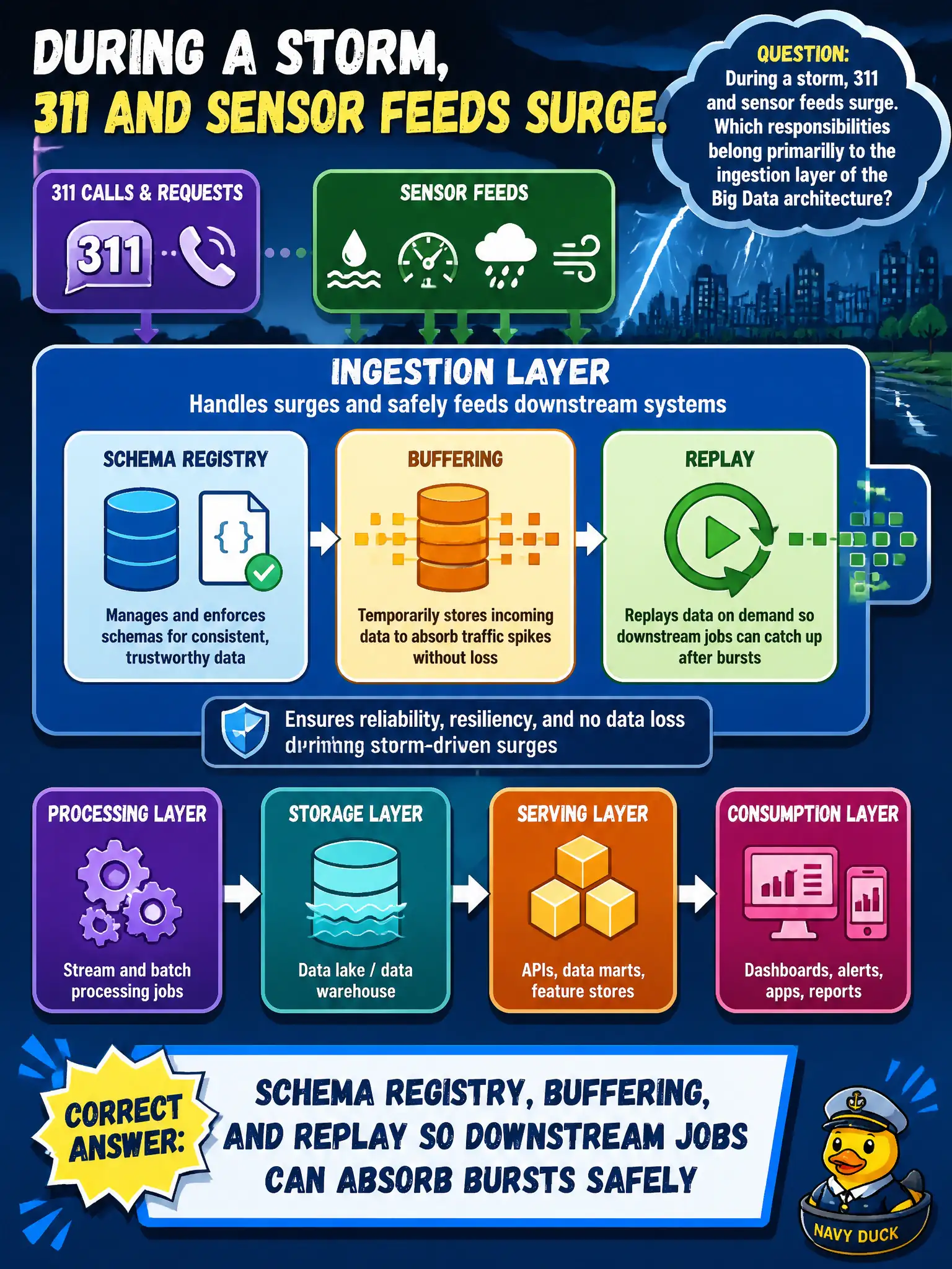 To Create an exciting colorful infographic that explains the concepts in the question: Question: During a storm, 311 and sensor feeds surge. Which responsibilities belong primarily to the ingestion layer of the Big Data architecture? Correct Answer: Schema registry, buffering, and replay so downstream jobs can absorb bursts safely Put EVERY visible label in double quotes. No people. No A/B/C/D letters. In one of the four corners put a little "Navy Duck".