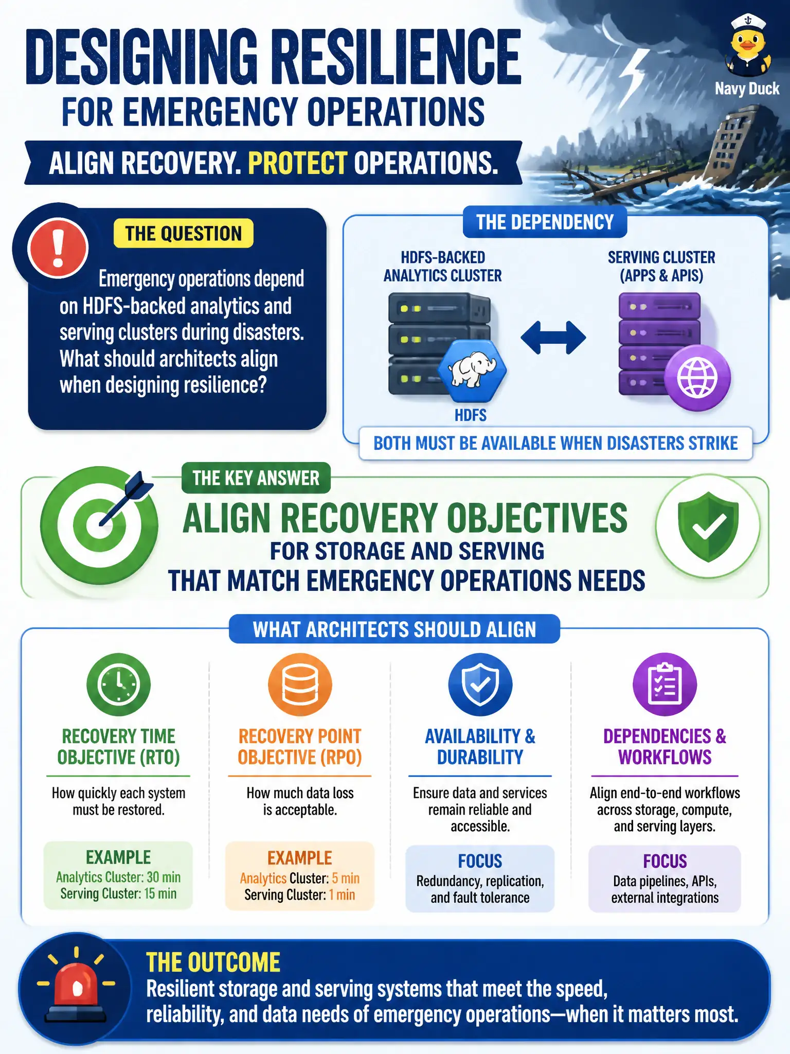 To Create an exciting colorful infographic that explains the concepts in the question: Question: Emergency operations depend on HDFS-backed analytics and serving clusters during disasters. What should architects align when designing resilience? Correct Answer: Recovery objectives for storage and serving that match emergency operations needs Put EVERY visible label in double quotes. No people. No A/B/C/D letters. In one of the four corners put a little "Navy Duck".