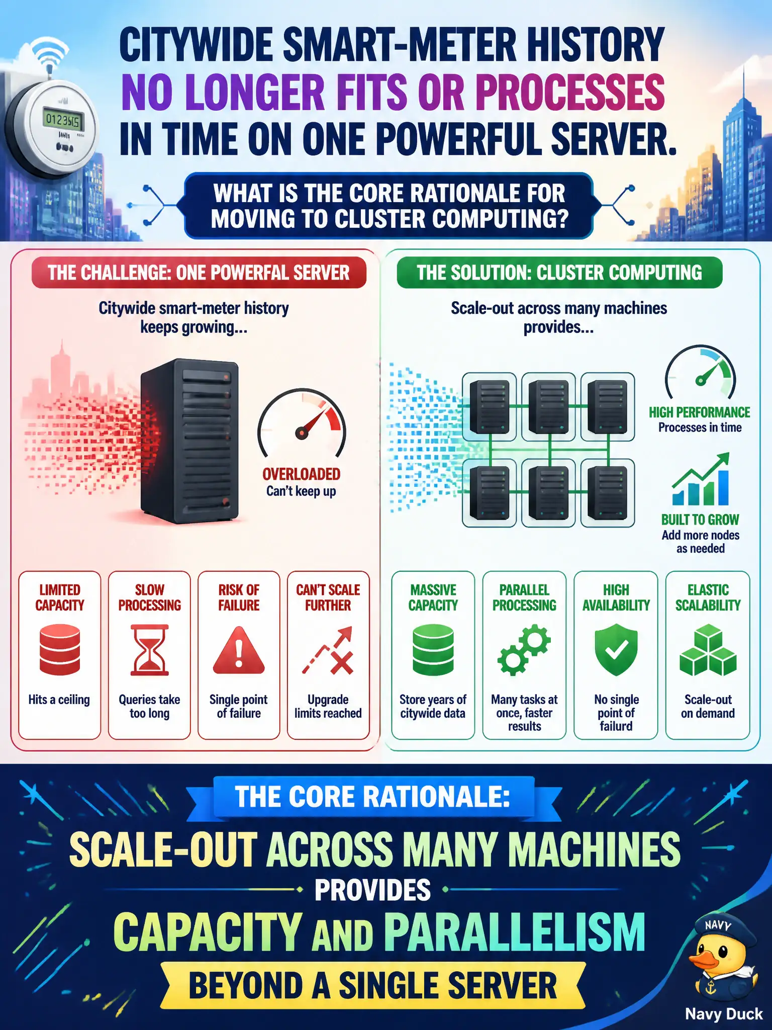 To Create an exciting colorful infographic that explains the concepts in the question: Question: Citywide smart-meter history no longer fits or processes in time on one powerful server. What is the core rationale for moving to cluster computing? Correct Answer: Scale-out across many machines provides capacity and parallelism beyond a single server Put EVERY visible label in double quotes. No people. No A/B/C/D letters. In one of the four corners put a little "Navy Duck".