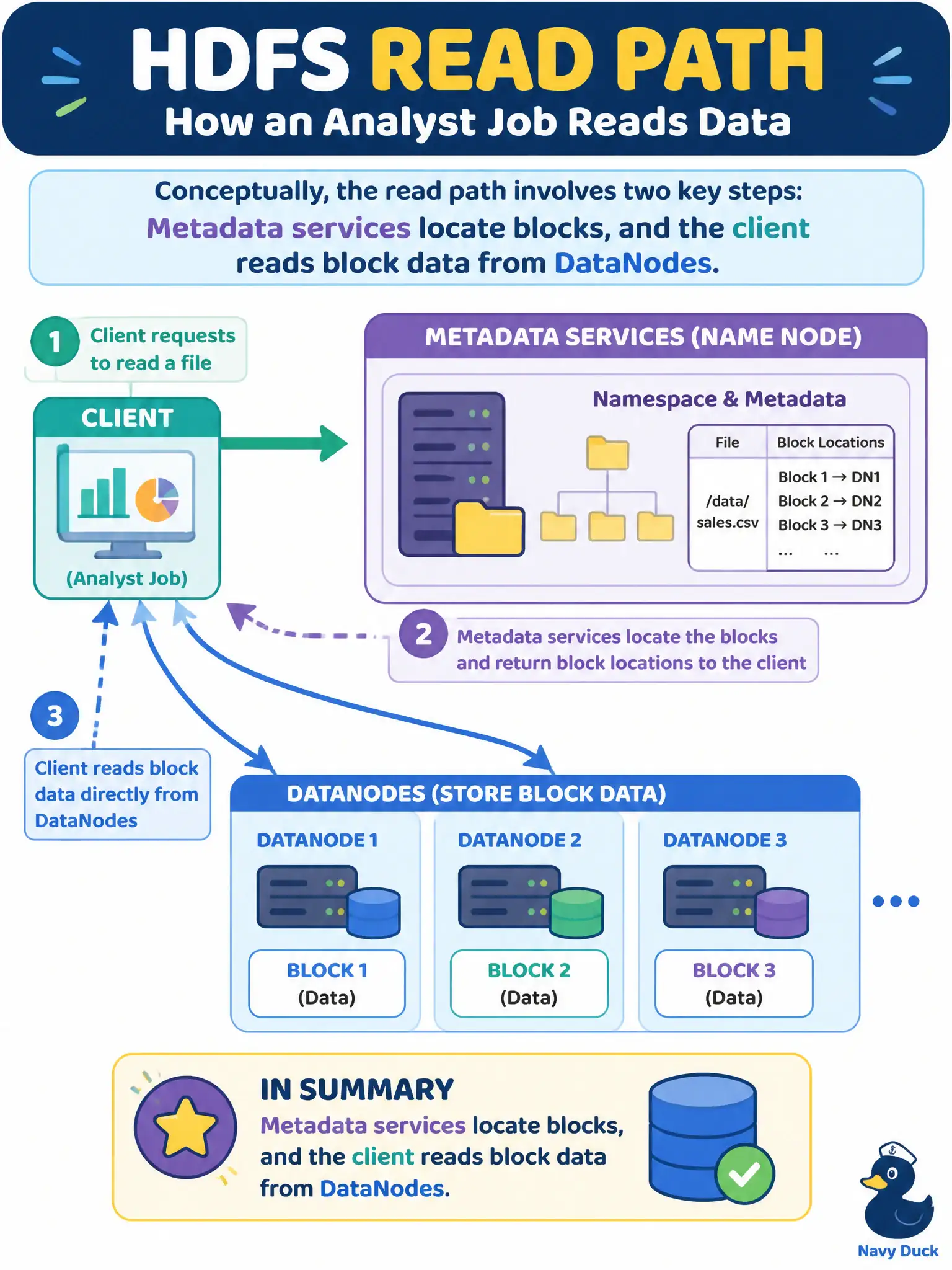 To Create an exciting colorful infographic that explains the concepts in the question: Question: An analyst job reads a large HDFS dataset. Conceptually, how does the read path involve cluster roles? Correct Answer: Metadata services locate blocks, and the client reads block data from DataNodes Put EVERY visible label in double quotes. No people. No A/B/C/D letters. In one of the four corners put a little "Navy Duck".