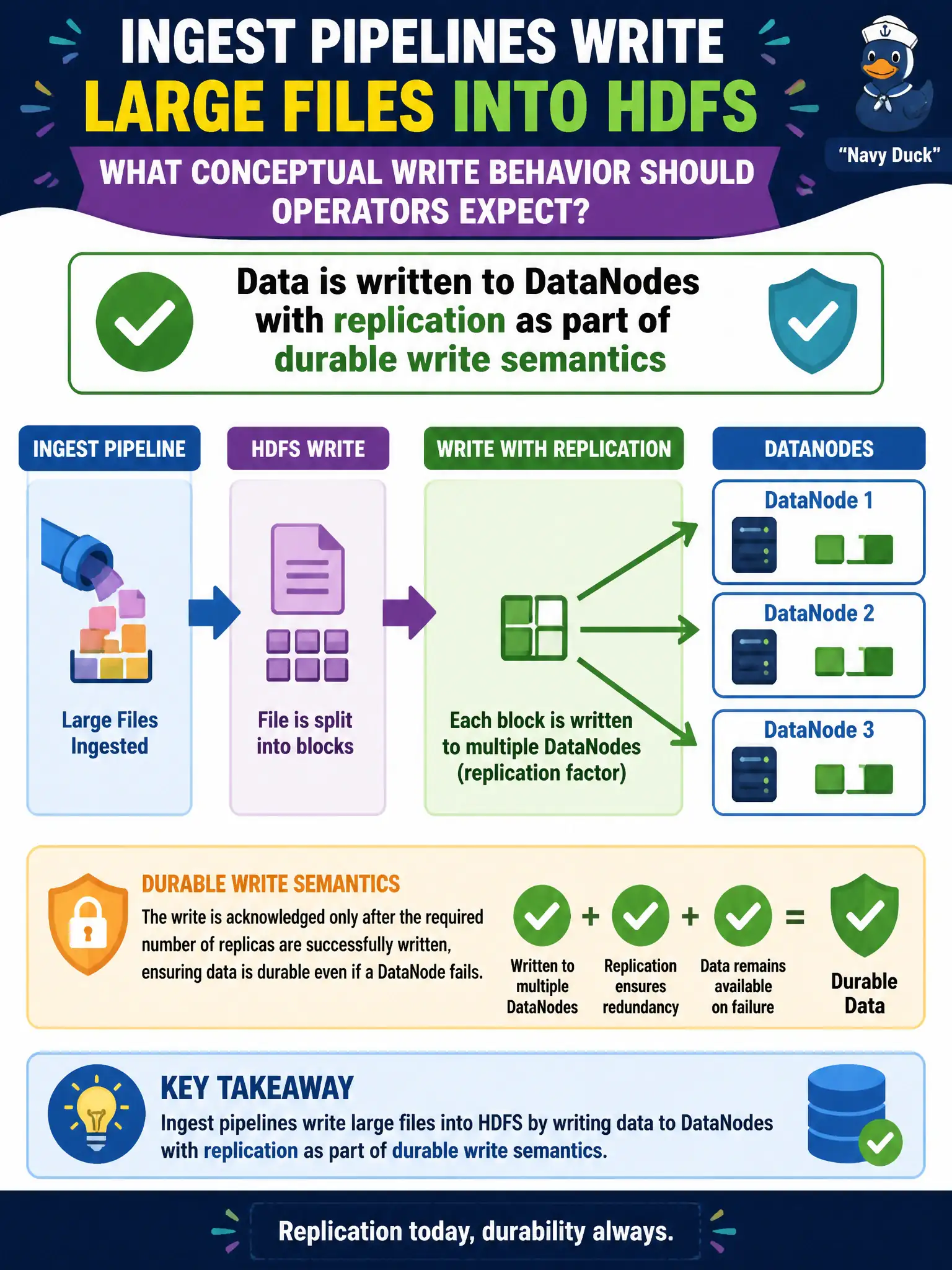 To Create an exciting colorful infographic that explains the concepts in the question: Question: Ingest pipelines write large files into HDFS for durable analytics storage. What conceptual write behavior should operators expect? Correct Answer: Data is written to DataNodes with replication as part of durable write semantics Put EVERY visible label in double quotes. No people. No A/B/C/D letters. In one of the four corners put a little "Navy Duck".