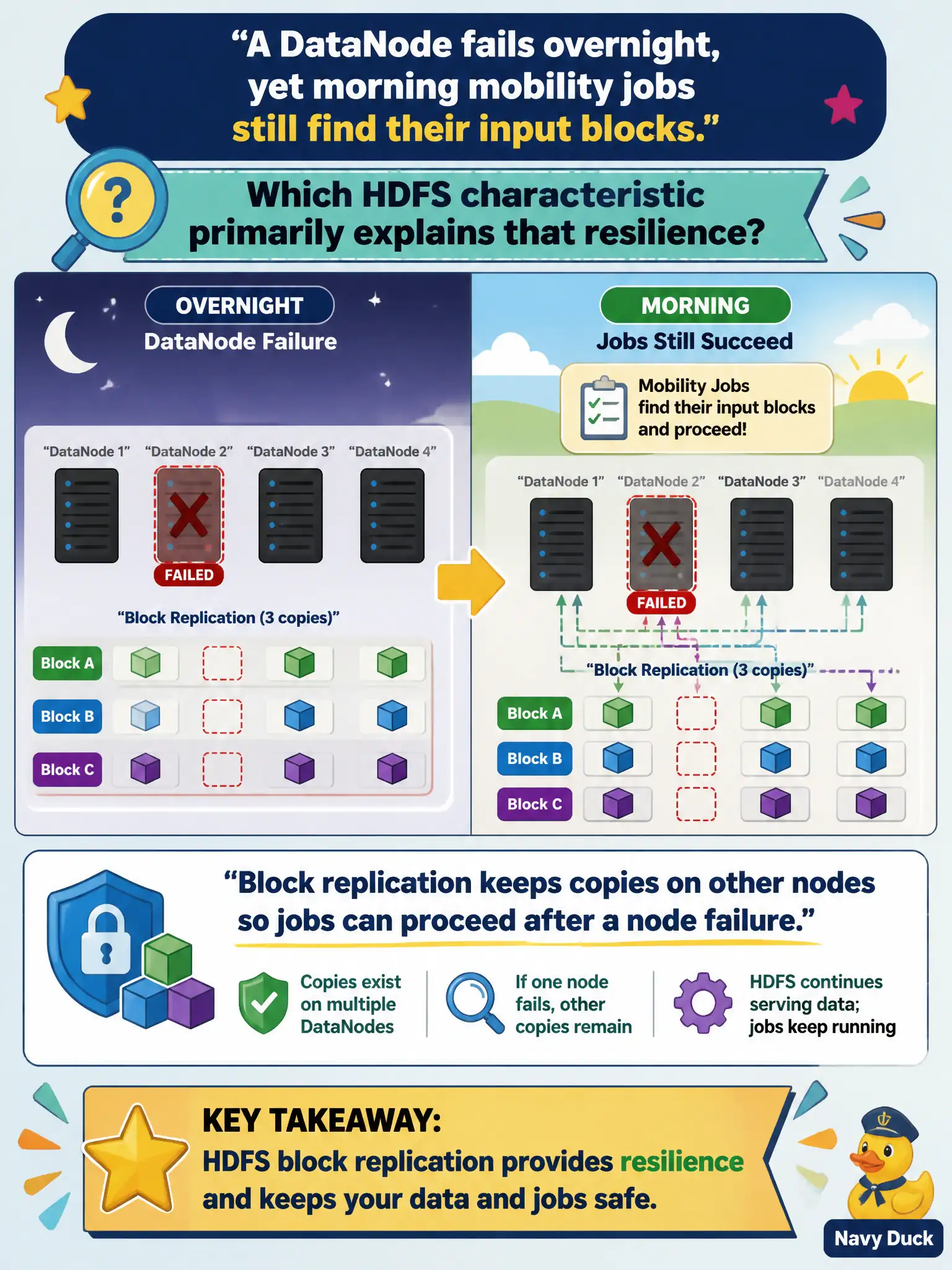 To Create an exciting colorful infographic that explains the concepts in the question: Question: A DataNode fails overnight, yet morning mobility jobs still find their input blocks. Which HDFS characteristic primarily explains that resilience? Correct Answer: Block replication keeps copies on other nodes so jobs can proceed after a node failure Put EVERY visible label in double quotes. No people. No A/B/C/D letters. In one of the four corners put a little "Navy Duck".